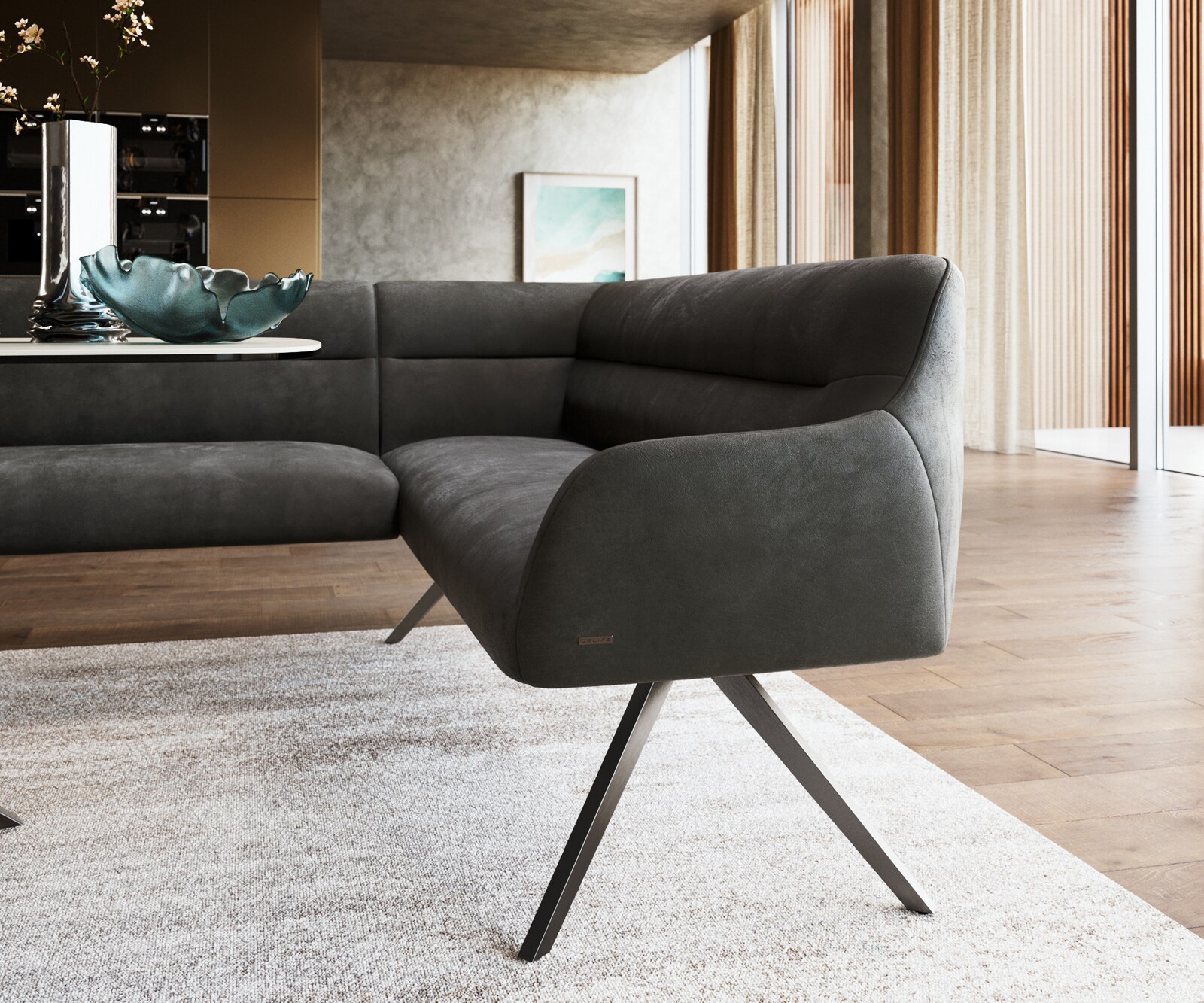 Banc-de-salle-à-manger Taya-Flex 285x190 cm microfibre antracite vintage pied croisé angulaire grafiete ressort ensaché liens 5