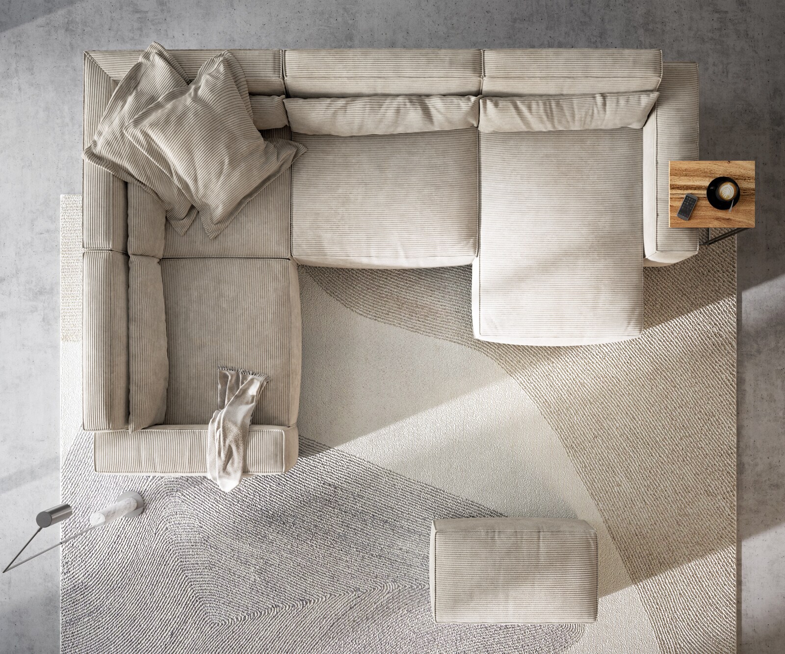Canapé panoramique Sirpio 300x200 cm Velours côtelé Beige Recamiere variable avec Tabouret 6