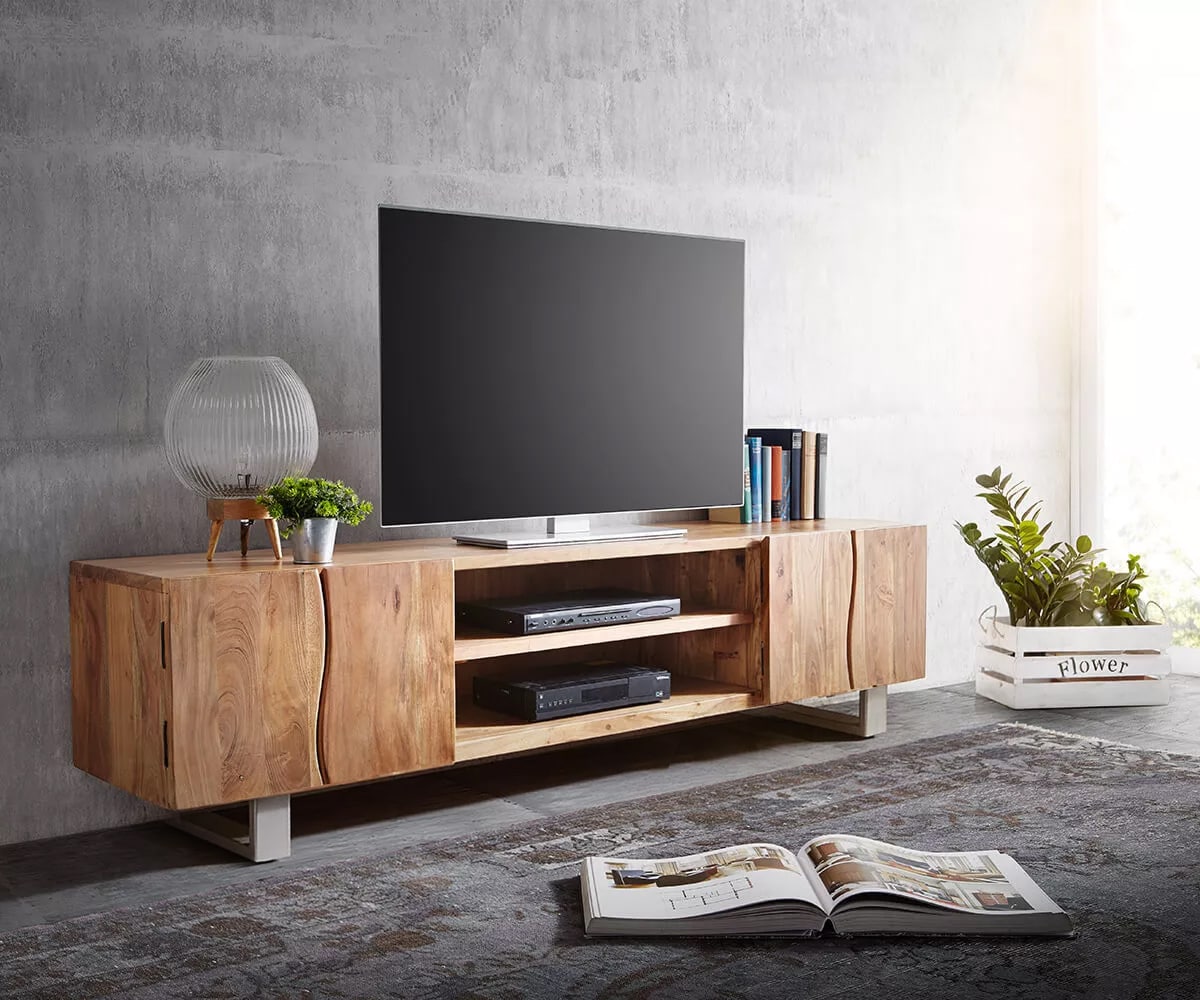 Meuble-TV Live-Edge 200 cm acacia nature 4 portes 2 compartiments Meuble-TV Live-Edge 200 cm acacia nature 4 portes 2 compartiments