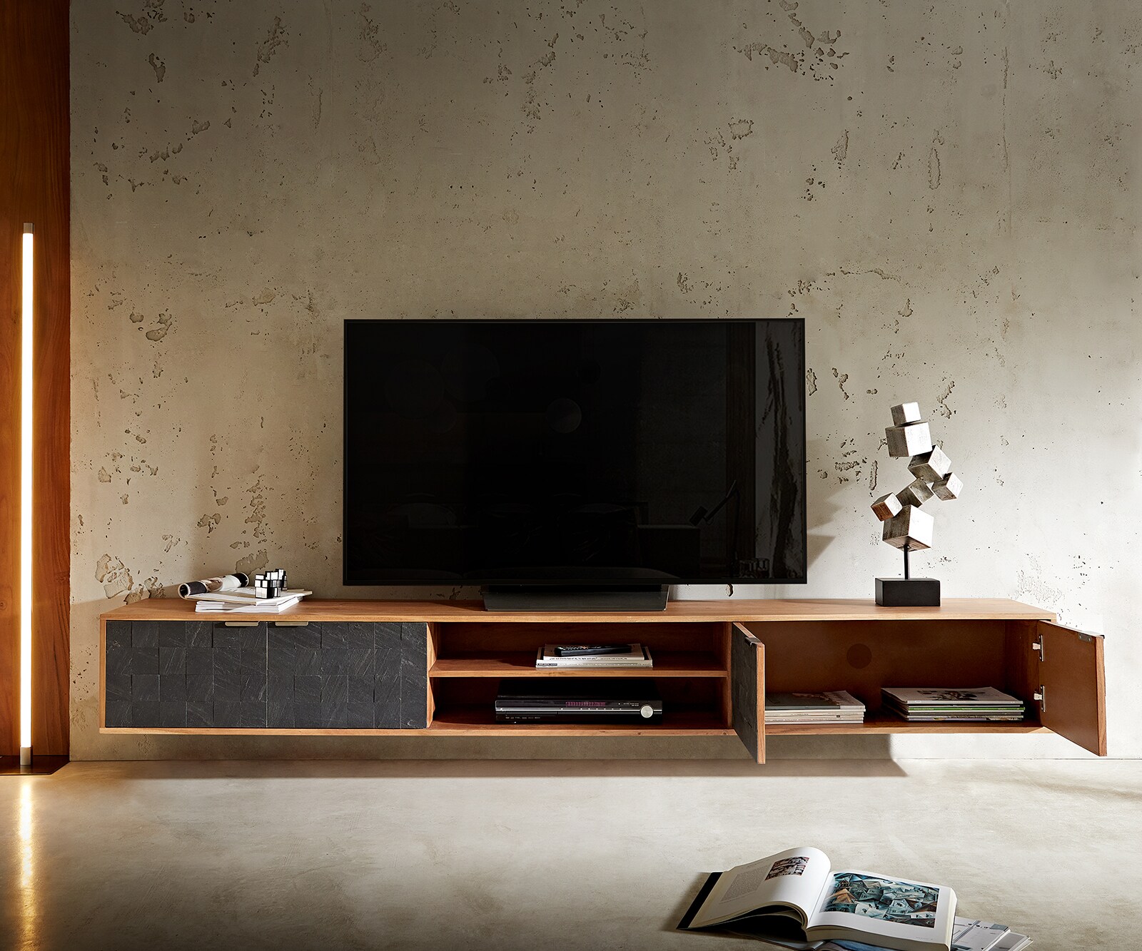 Meuble-TV Teele 240 cm acacia naturel Schiste 4 portes flottantes 6