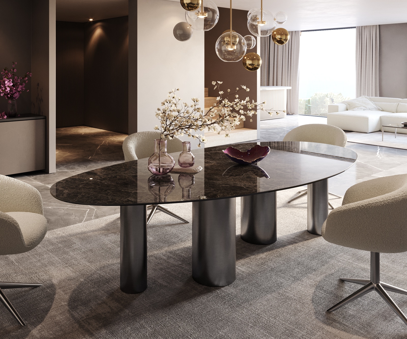 Table à manger Edge Ovale 280x130 Céramique Laminam®Emperador Extra Lucidato Marron foncé Pilier Acier inoxydable Graphite