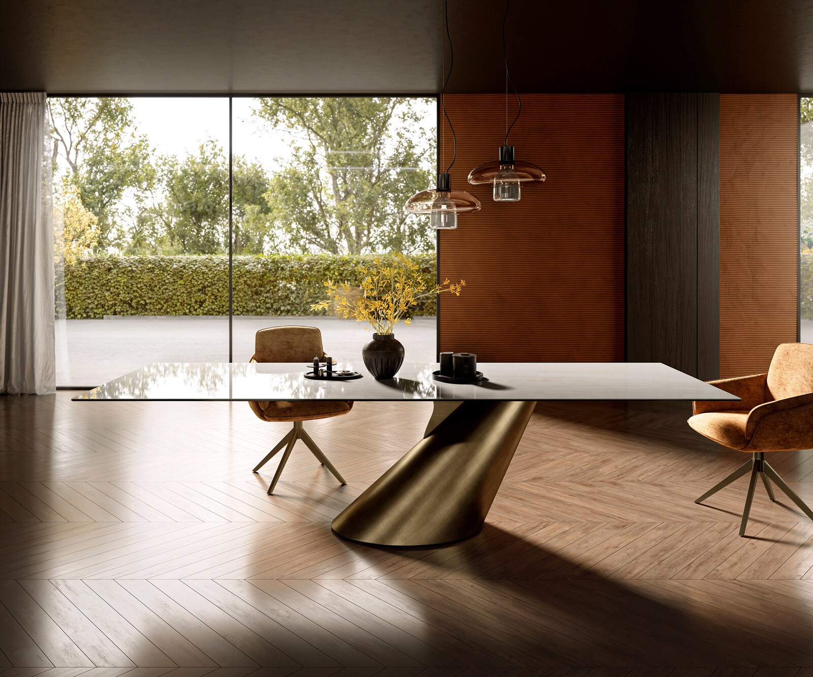 Table à manger Edge 300x100 cm céramique Onyx Champagne Cono métal doré 1