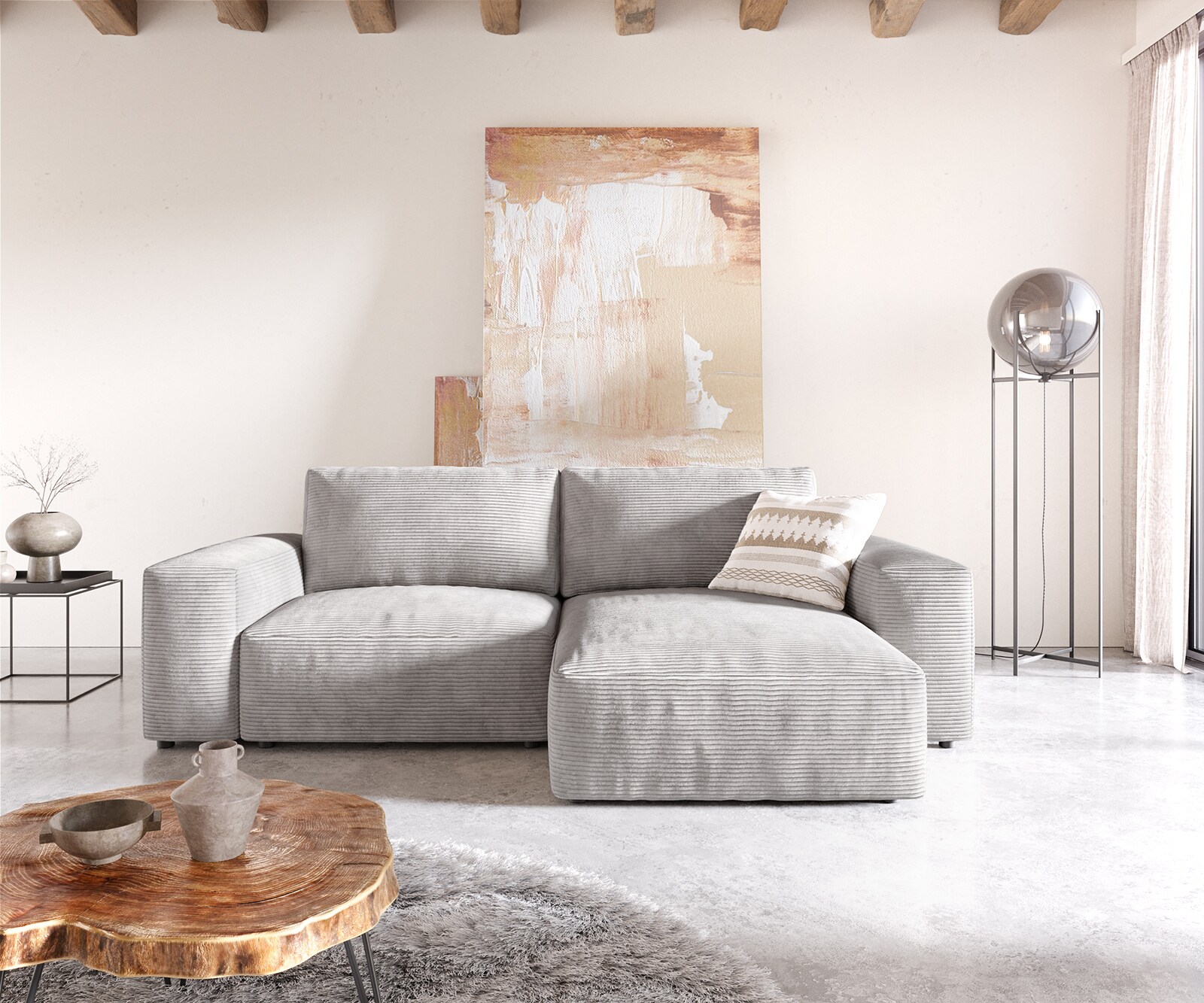 Canapé d'angle Lanzo L 260x160 cm Cord Gris Argenté Recamière variable 1 Canapé d'angle Lanzo L 260x160 cm Cord Gris Argenté Recamière variable 1