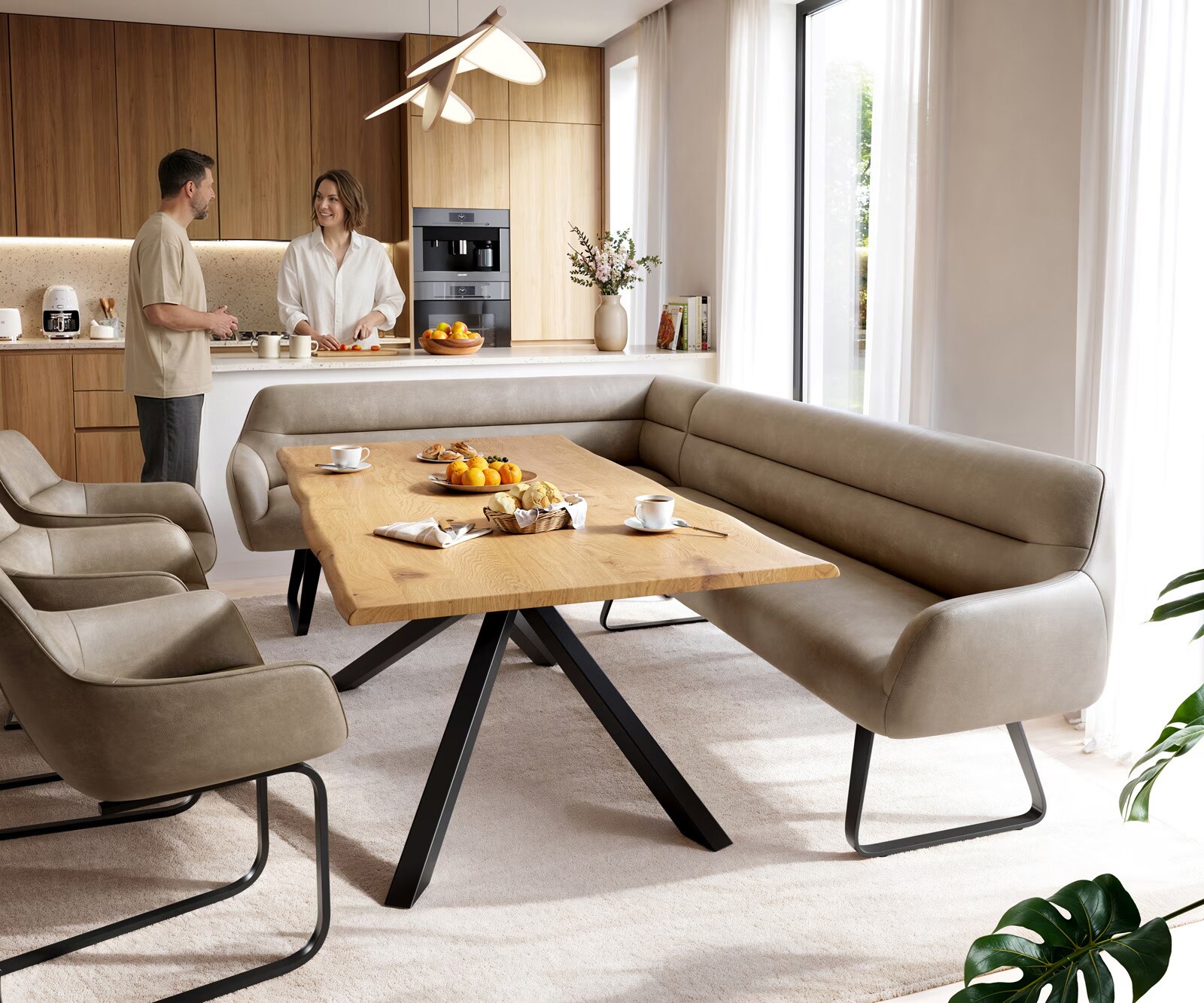 Banc-de-salle-à-manger Taya-Flex 285x190 cm microfibre beige vintage châssis à patins plat noir ressort ensaché à droite