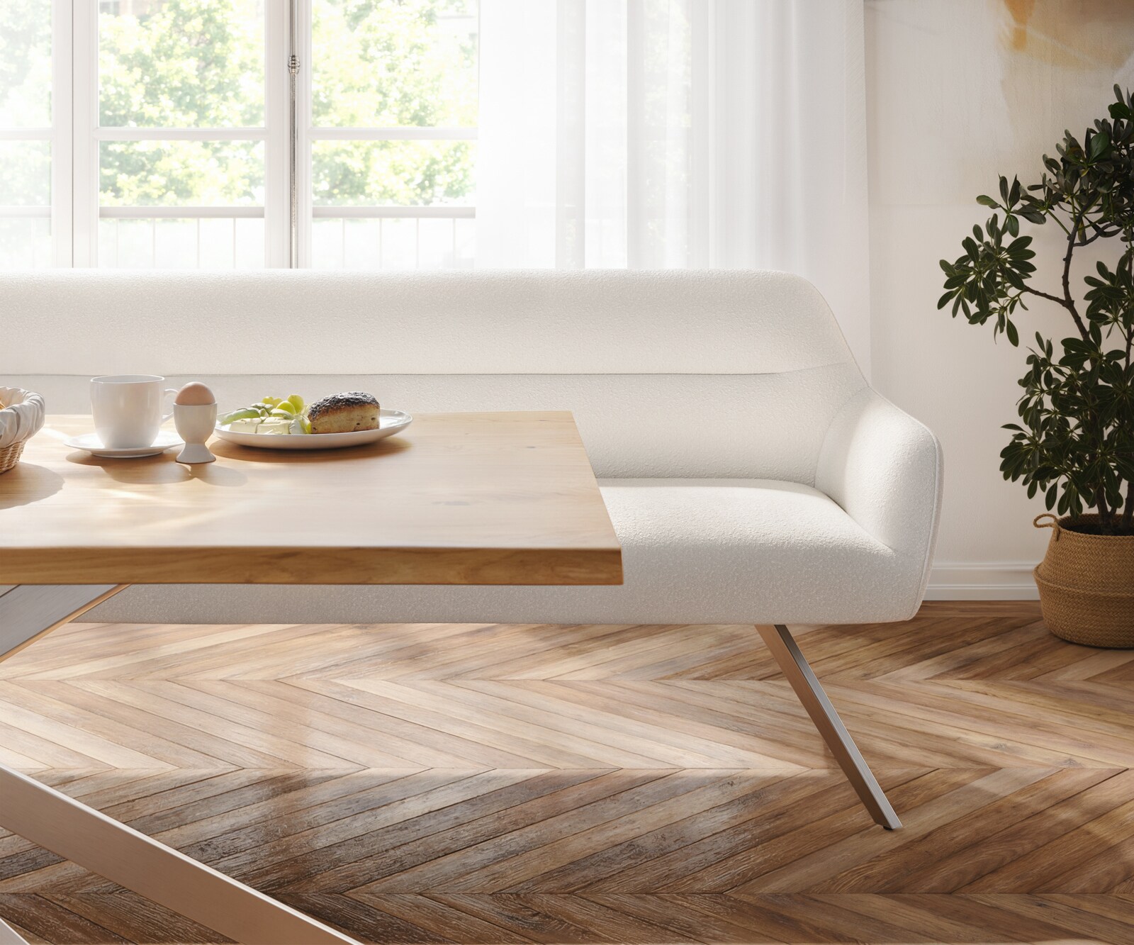 Banc-de-salle-à-manger Taya-Flex 200 cm bouclé crème-blanc pied croisé angulaire acier inoxydable ressort ensaché 4