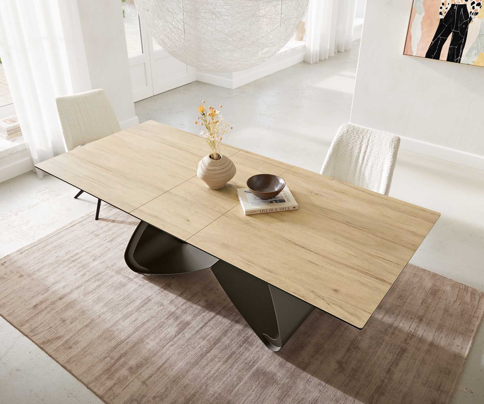 Table à manger Edge 180-220x100 Céramique Laminam® Sabbia Couleur chêne cadre en W Effet Titane Extensible 3
