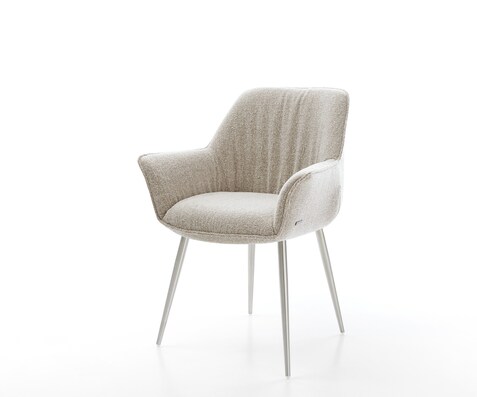 Chaise-de-salle-à-manger Keila-Flex avec accoudoirs tissu tissé doux beige 4 pieds coniques acier inoxydable