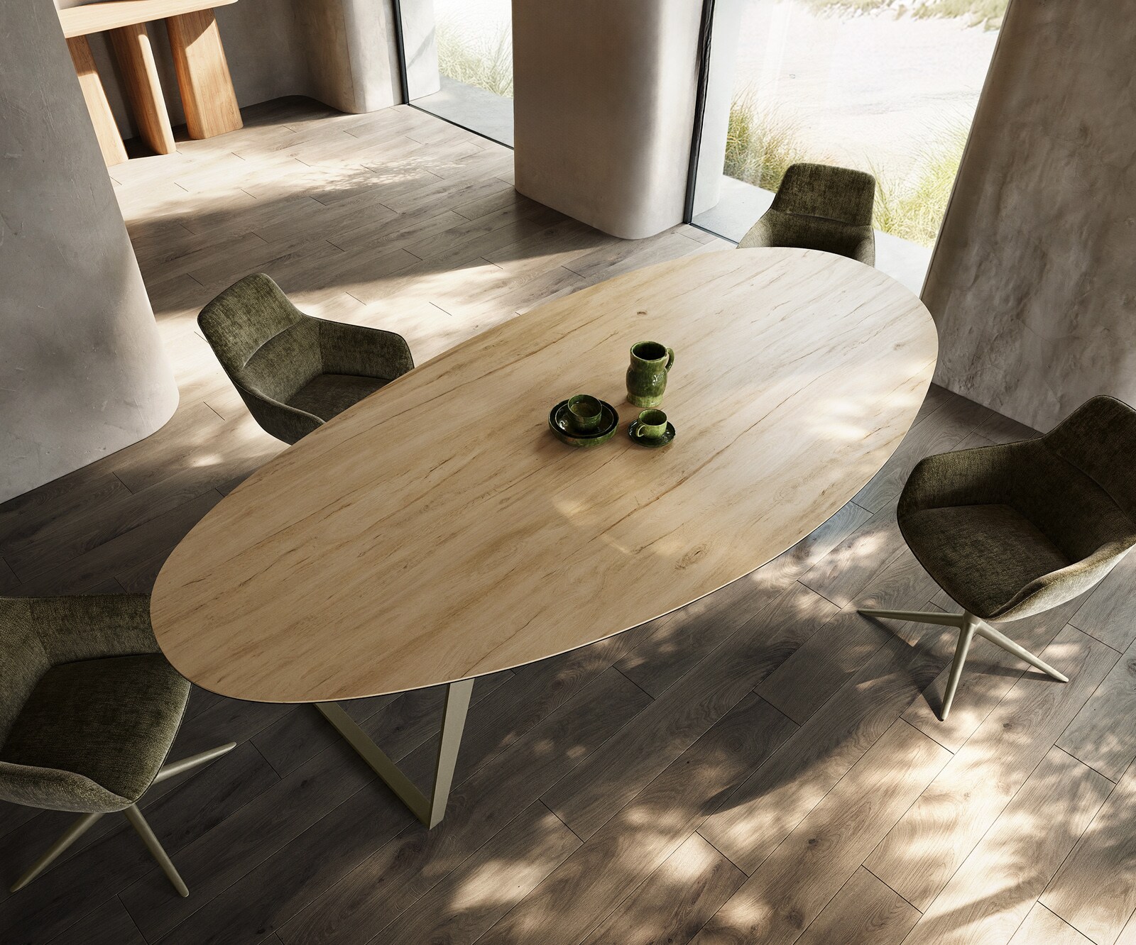 Table à manger Edge Oval 280x130 cm Céramique Laminam® Sabbia couleur chêne Métal Oblique Finition effet Titan 4