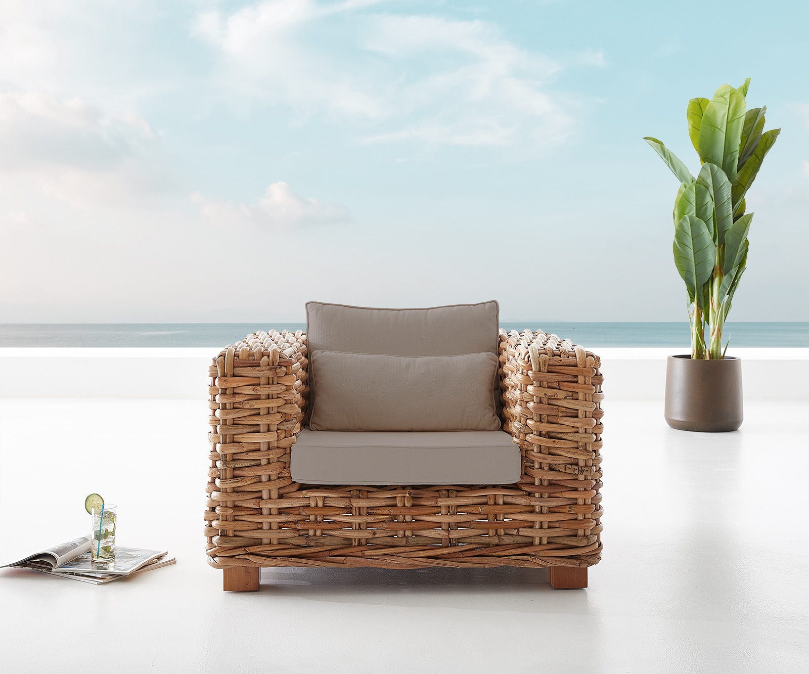 Fauteuil-Lounge Nizza rotin naturel avec coussins marron 2
