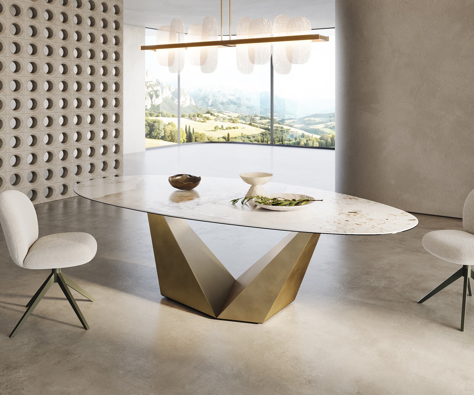Table à manger Edge ovalee 280x130 céramique Minas mélange blanc-beige Prisma métallique doré 3