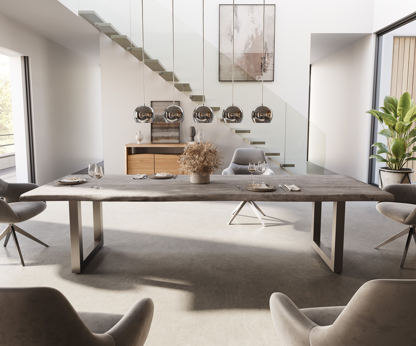Table-à-manger Edge 300x100 XL acacia platine acier inoxydable large Live-Edge 1