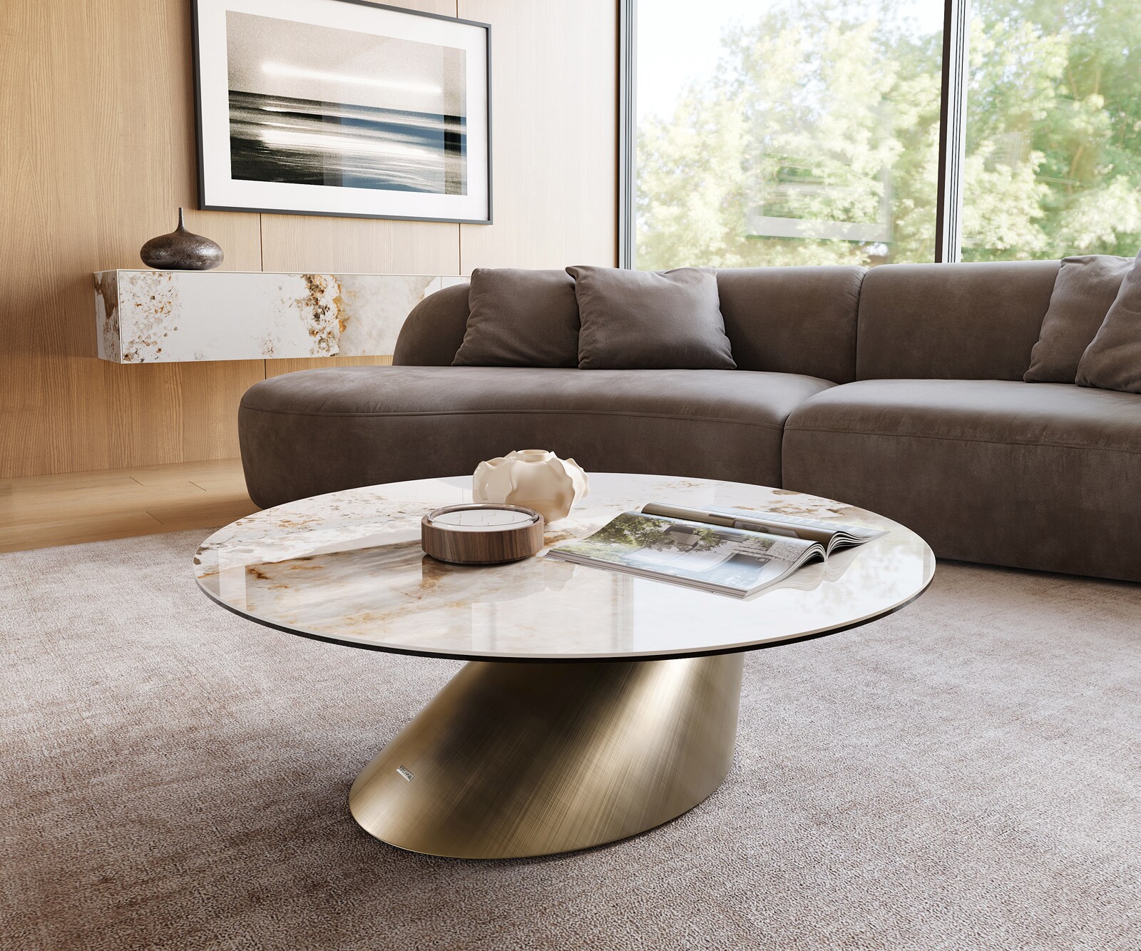 Table basse Edge rond 100x100 cm céramique Minas Melange Conis doré métallique