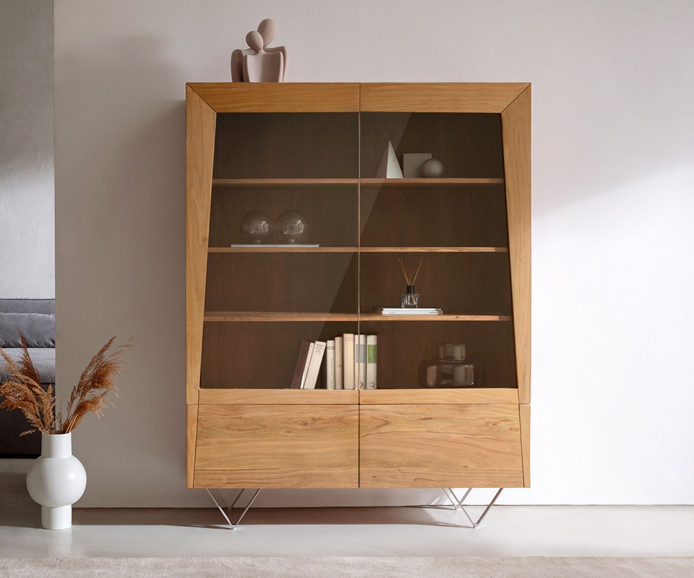 Buffet-haut Kayu 115x150 cm acacia naturel 2 portes vitrées pied en V 1