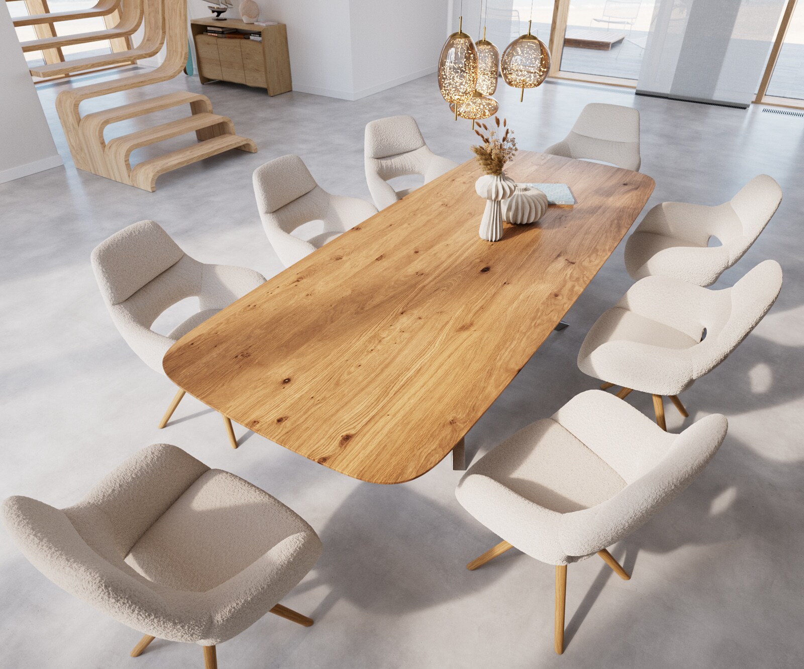 Table à manger Edge Boot 300x120x2,5-3 chêne nature cadre croisé rectangle acier inoxydable bord suisse 4