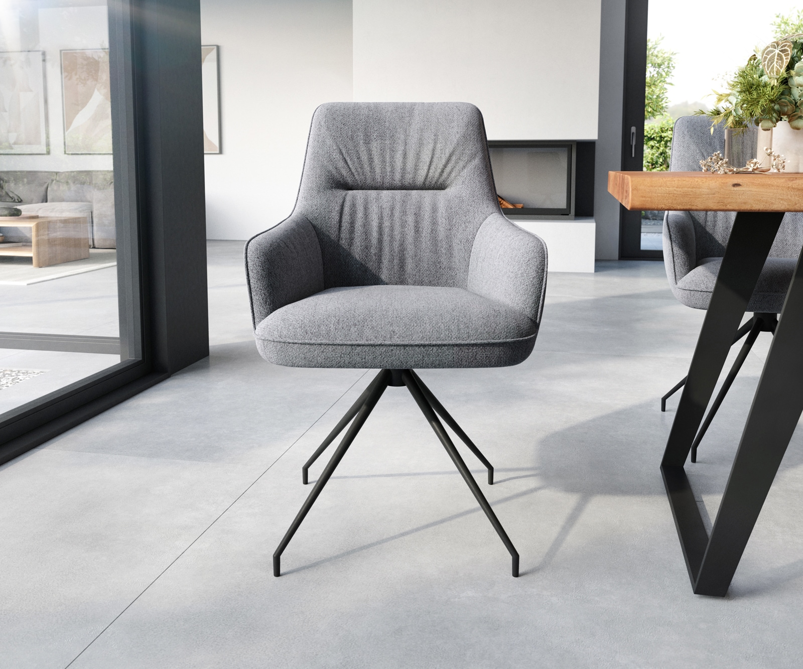 Chaise-de-salle-à-manger Zelia-Flex avec accoudoirs tissu texturé gris clair pied croisé conique noir ressorts ensachés 1 Chaise-de-salle-à-manger Zelia-Flex avec accoudoirs tissu texturé gris clair pied croisé conique noir ressorts ensachés 1