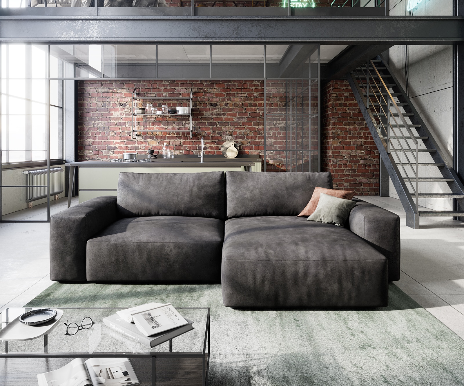 Canapé d'angle Lanzo L 260x160 cm Imitation cuir vintage anthracite Récamière variable 1 Canapé d'angle Lanzo L 260x160 cm Imitation cuir vintage anthracite Récamière variable 1