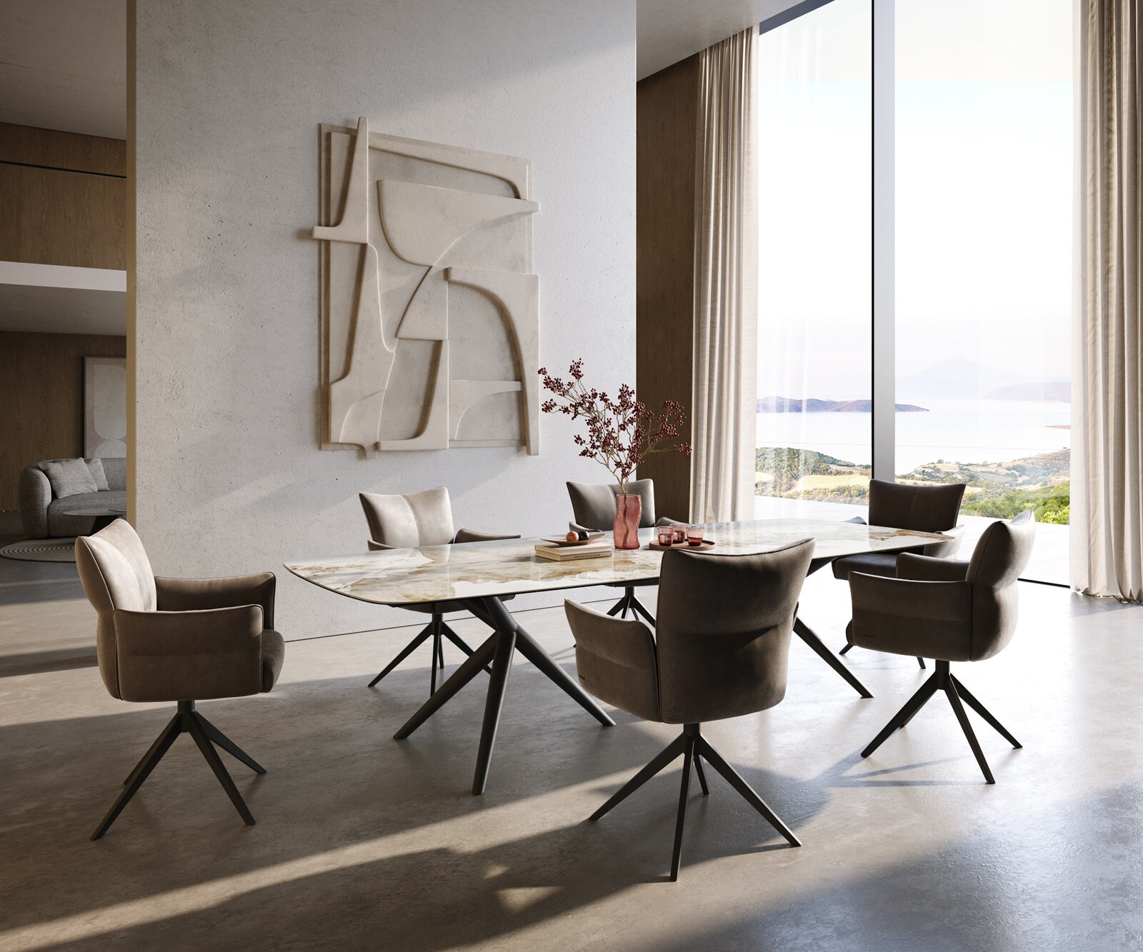 Table à manger Edge Boot 300x120 cm Céramique Minas Melange Blanc-Beige Estelar rond Métal Noir 6