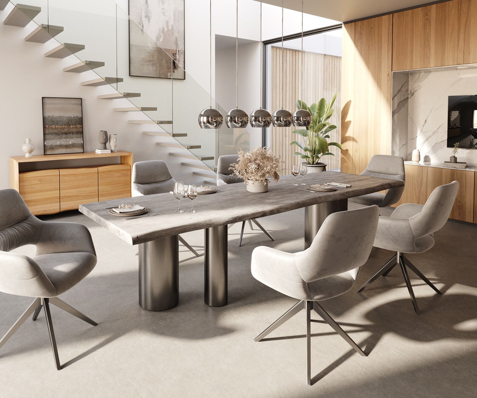 Table à manger Edge 300x100 XL Acacia Platine Troa Acier inoxydable Graphite Live-Edge 6
