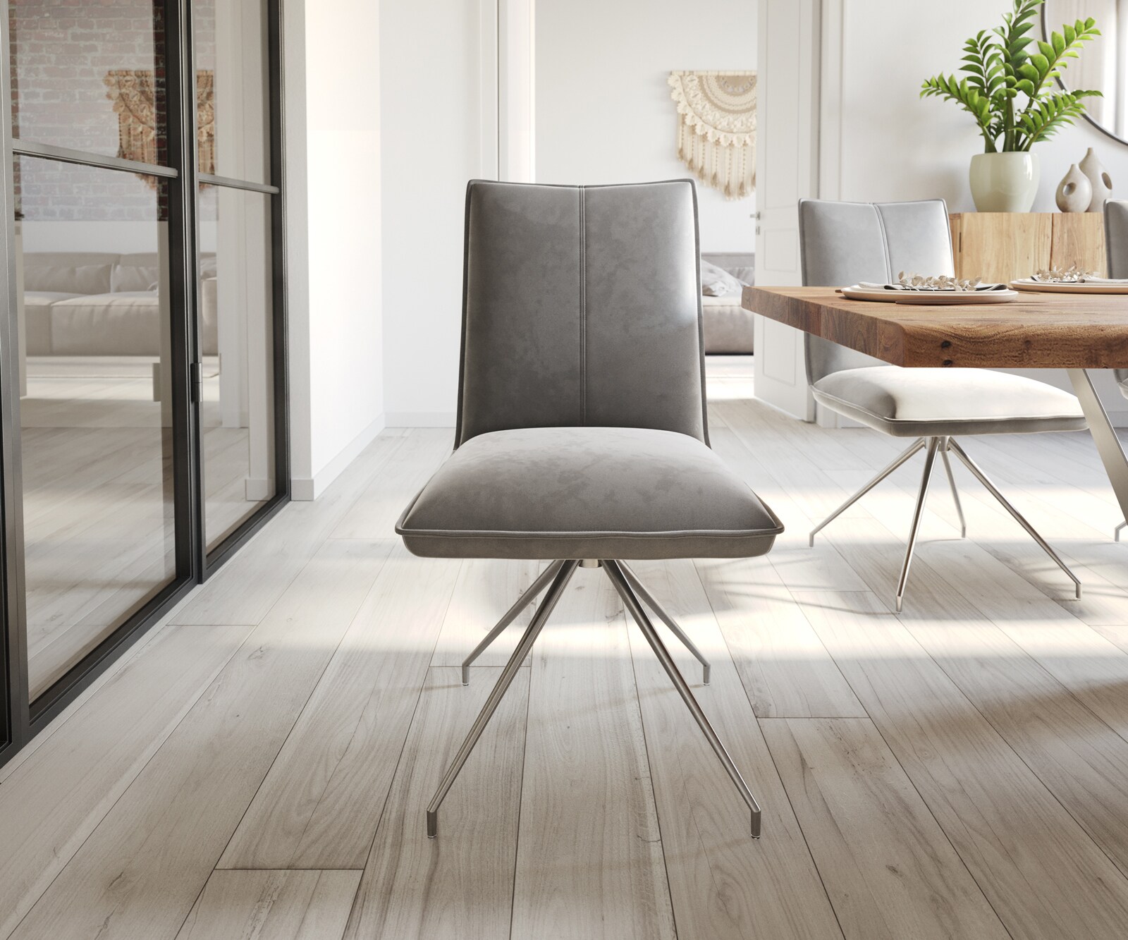 Chaise-de-salle-à-manger Lelio-Flex velours gris pied croisé conique acier inoxydable brossé ressorts ensachés 1 Chaise-de-salle-à-manger Lelio-Flex velours gris pied croisé conique acier inoxydable brossé ressorts ensachés 1