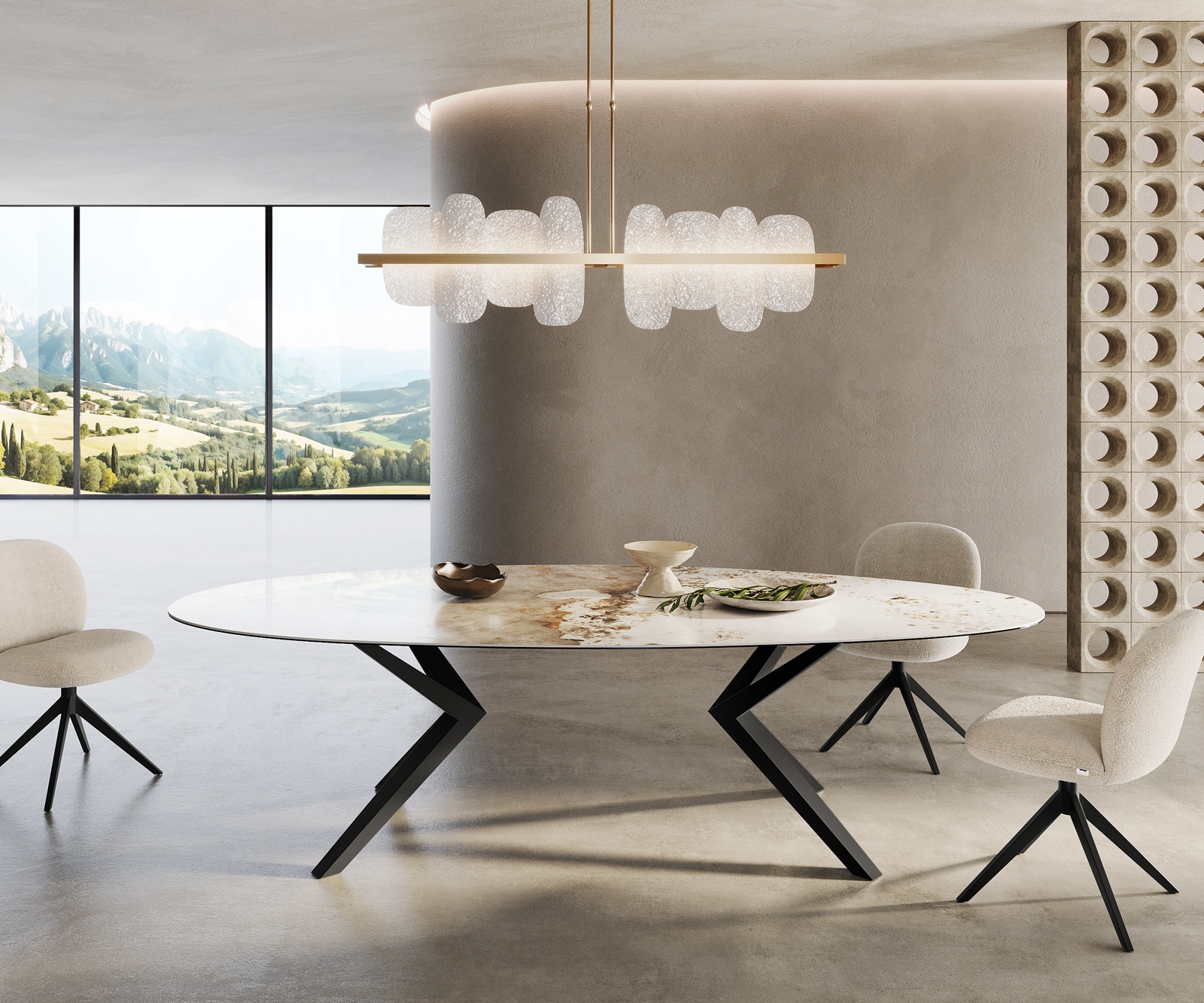 Table à manger Edge Ovale 280x130 Céramique Minas Melange Blanc-Beige Zenthara anguleux Métal Noir 1