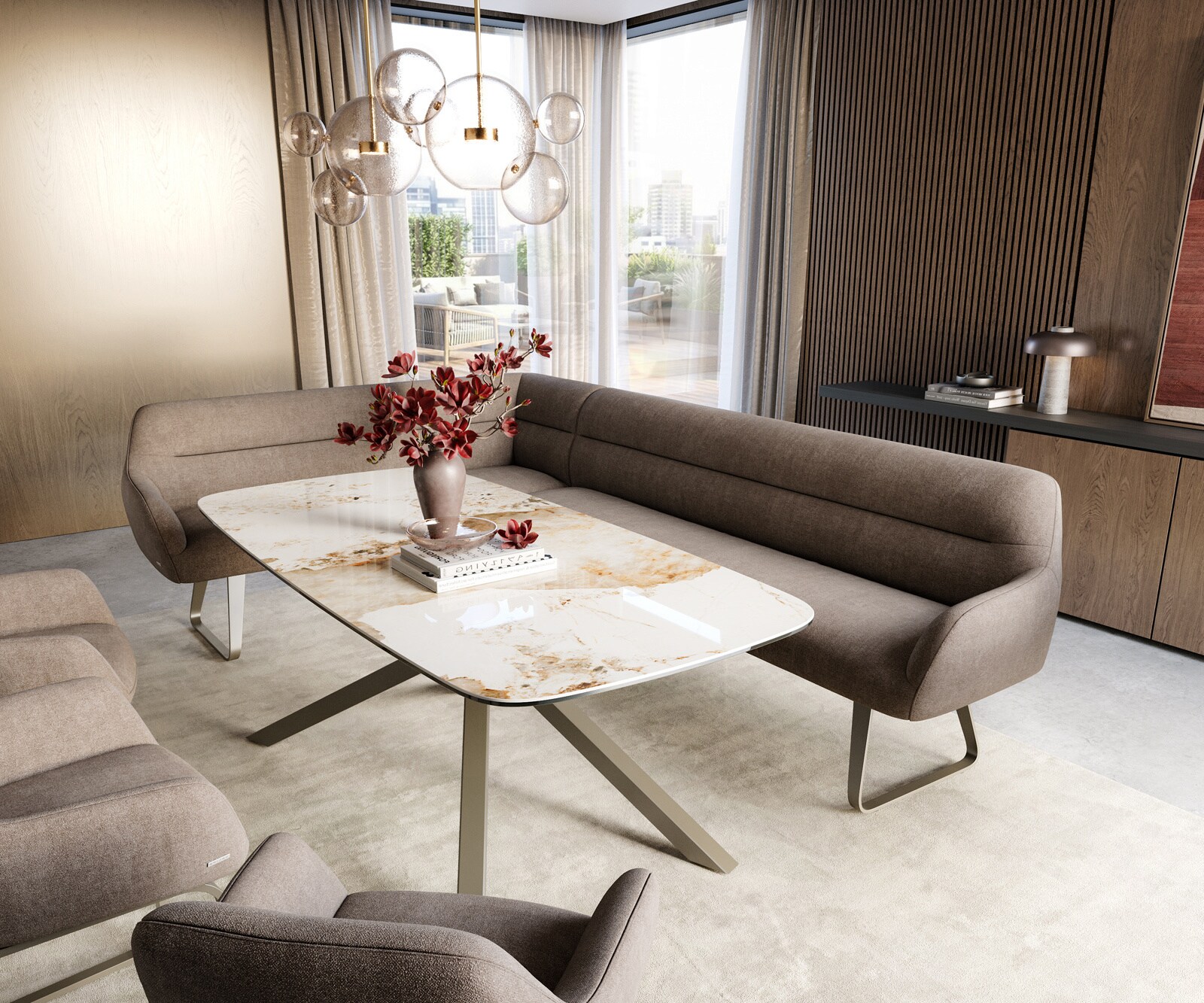 Banc-de-salle-à-manger Taya-Flex 285x190 cm tissu structuré doux taupe châssis à patins plat titane ressort ensaché à droite