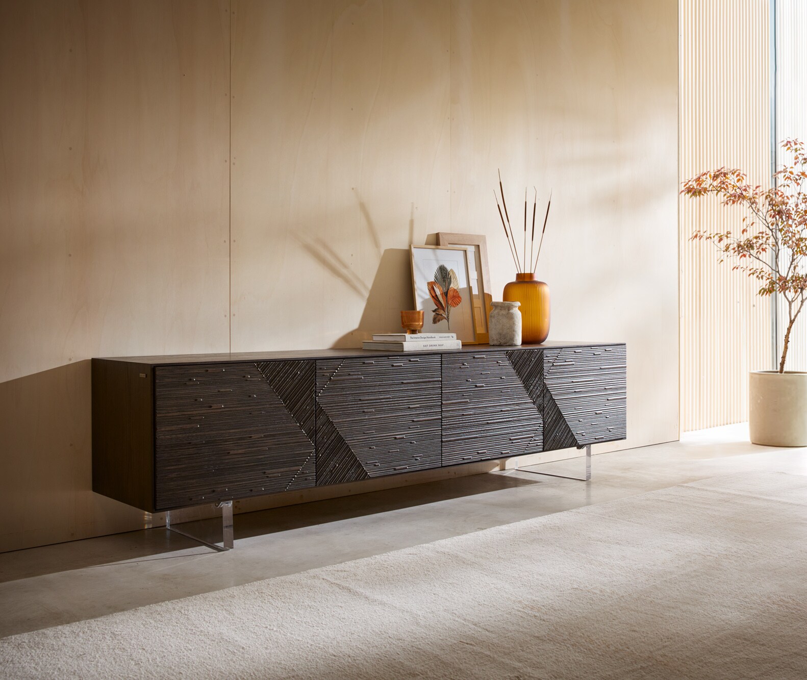 Meuble-TV Tereos 220 cm Frêne brun foncé Effet 3D 4 portes Pieds suspendus Verre acrylique