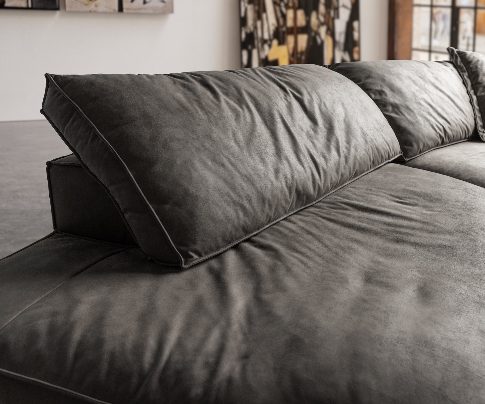 Canapé Snoosh 400x150 cm microfibre noire vintage avec méridienne à gauche 5