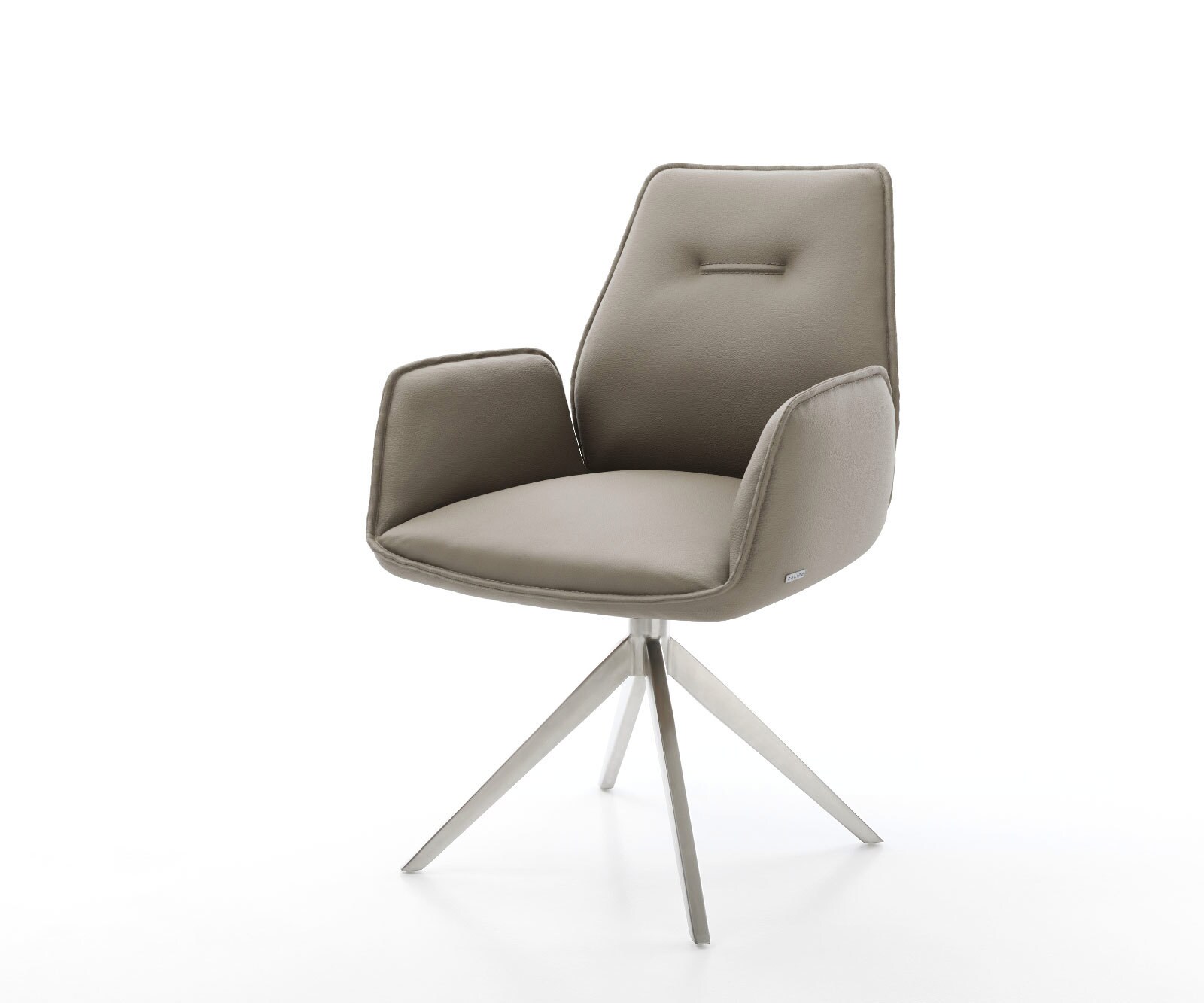 Chaise-de-salle-à-manger Zoa-Flex cuir de vache couleur boue pied croisé large acier inoxydable brossé ressorts ensachés