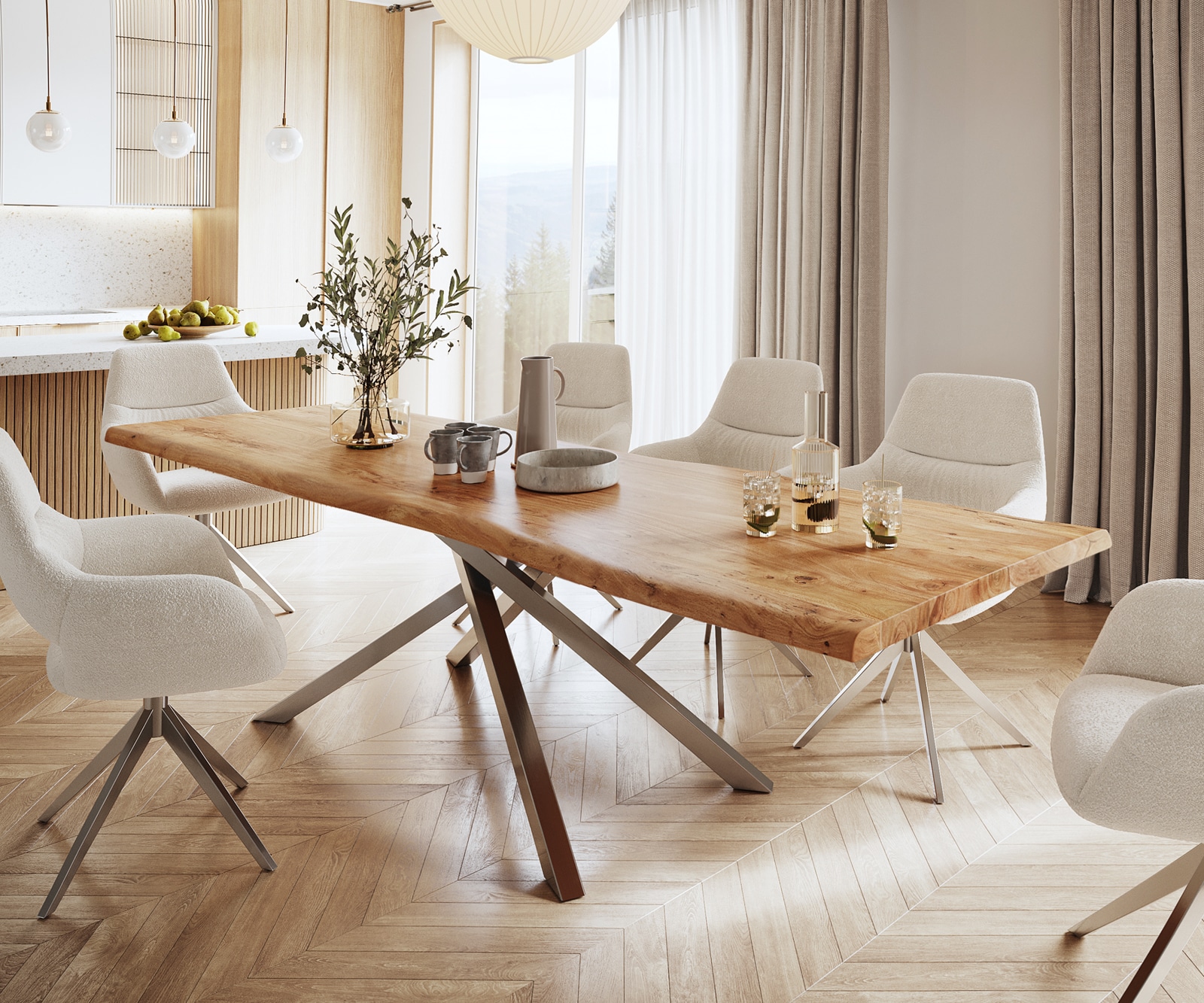 Table à manger Edge 280x100 XL acacia nature cadre croisé rectangle acier inoxydable Live-Edge 1