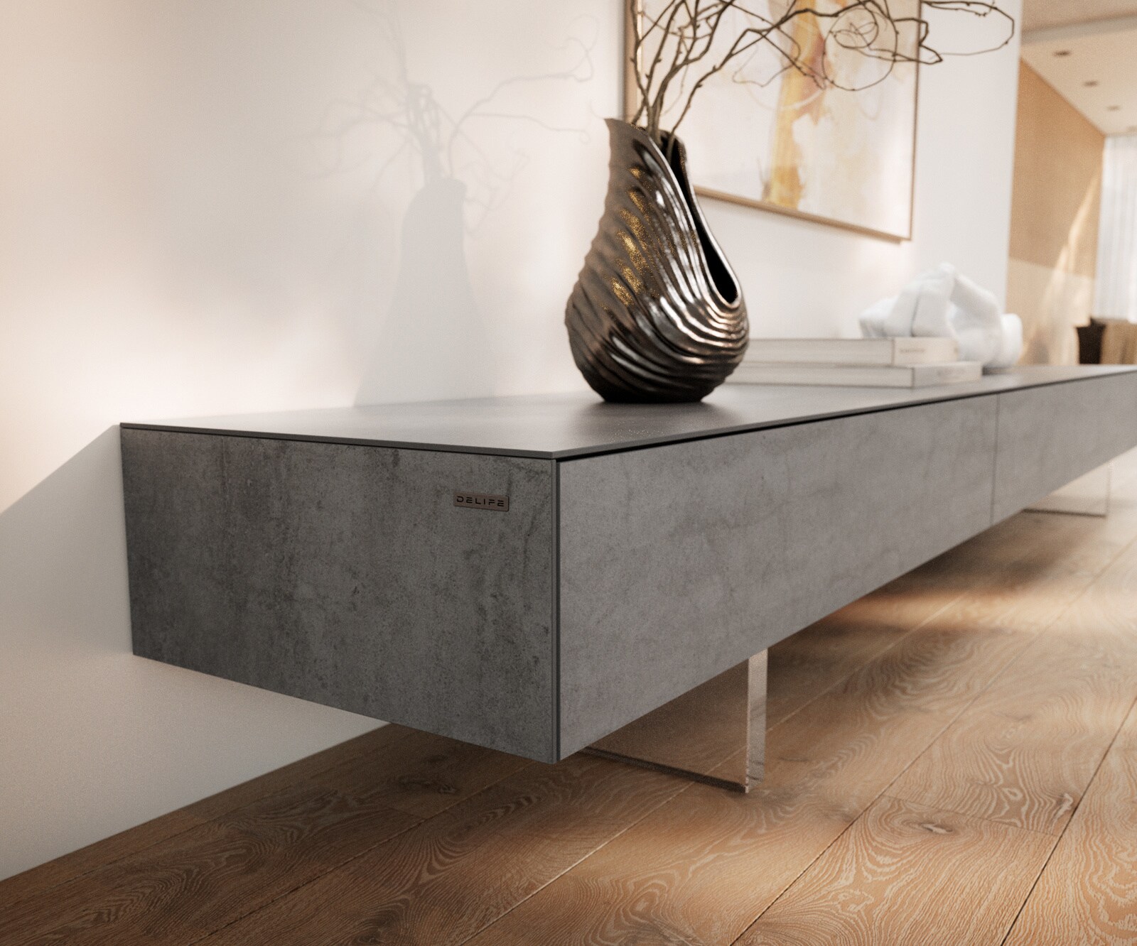 Meuble-TV Cuor 250 cm Céramique Béton gris 1 Clapet 1 Tiroir Pied optique flottant Verre acrylique 6