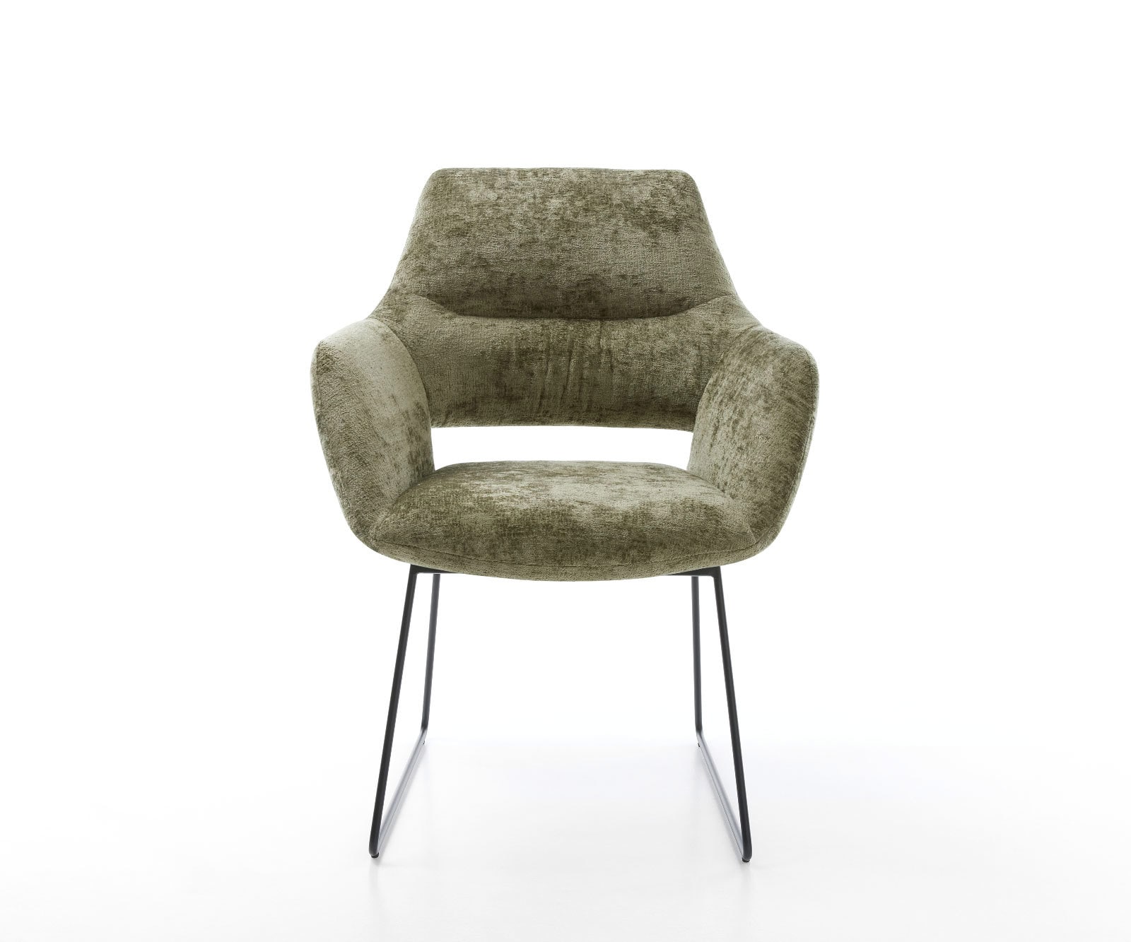 Chaise-de-salle-à-manger Yago-Flex avec accoudoirs chenille olive pied trapèze noir ressorts ensachés 1 Chaise-de-salle-à-manger Yago-Flex avec accoudoirs chenille olive pied trapèze noir ressorts ensachés 1