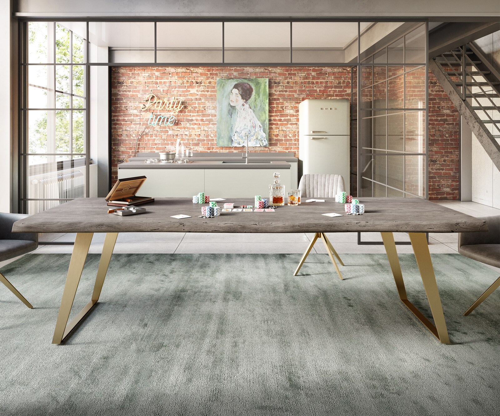 Table à manger Edge 260x100 XL acacia platine acier inoxydable Gold inclinée Live-Edge 5