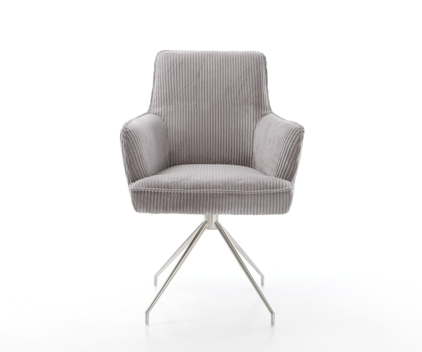 Chaise-pivotante Heira-Flex avec accoudoirs côtelé gris argenté pied croisé conique acier inoxydable brossé pivotement sur 180° ressorts ensachés 2