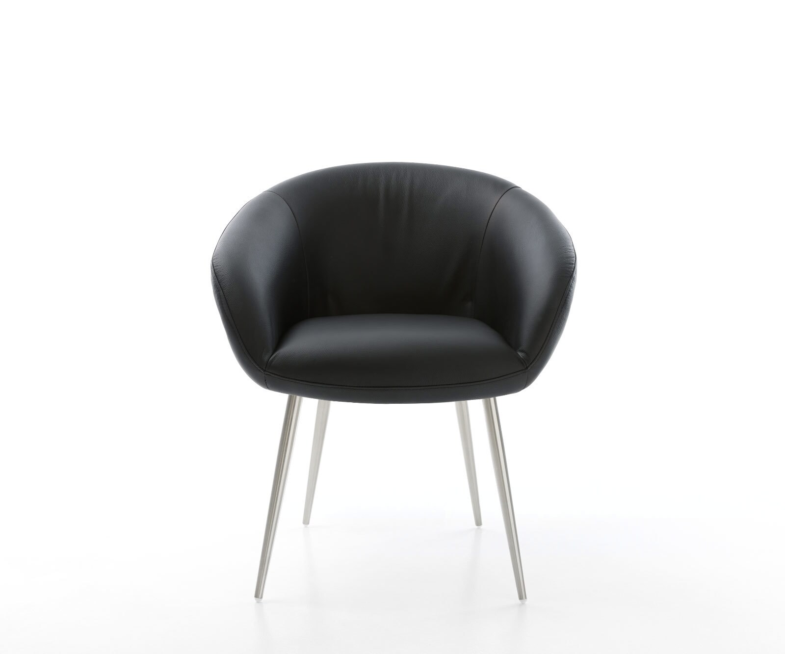 Chaise-de-salle-à-manger Vinka-Flex avec accoudoirs cuir de vache noir 4 pieds coniques acier inoxydable brossé ressorts ensachés 2