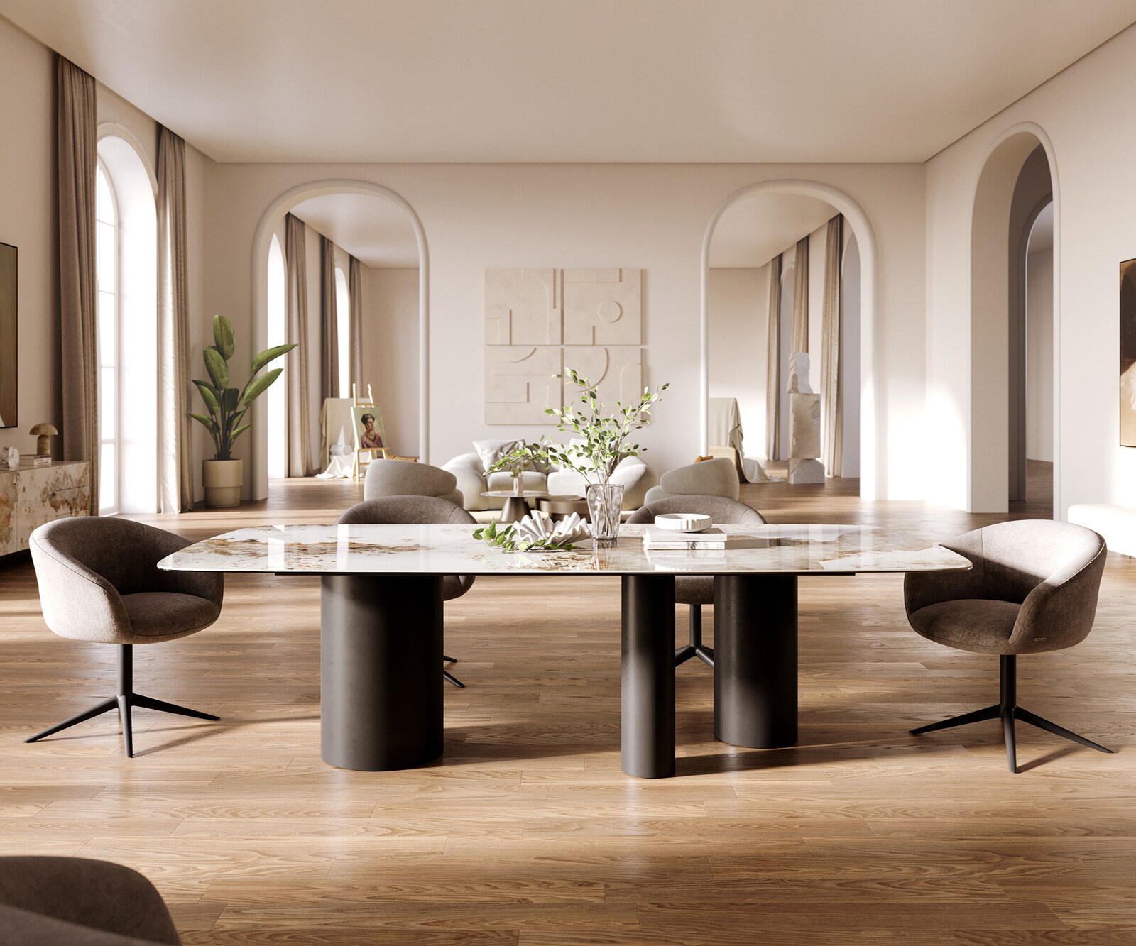 Table à manger Edge Boot 260x120 cm Céramique Minas Melange Blanc-Beige Troa Métal Noir 1