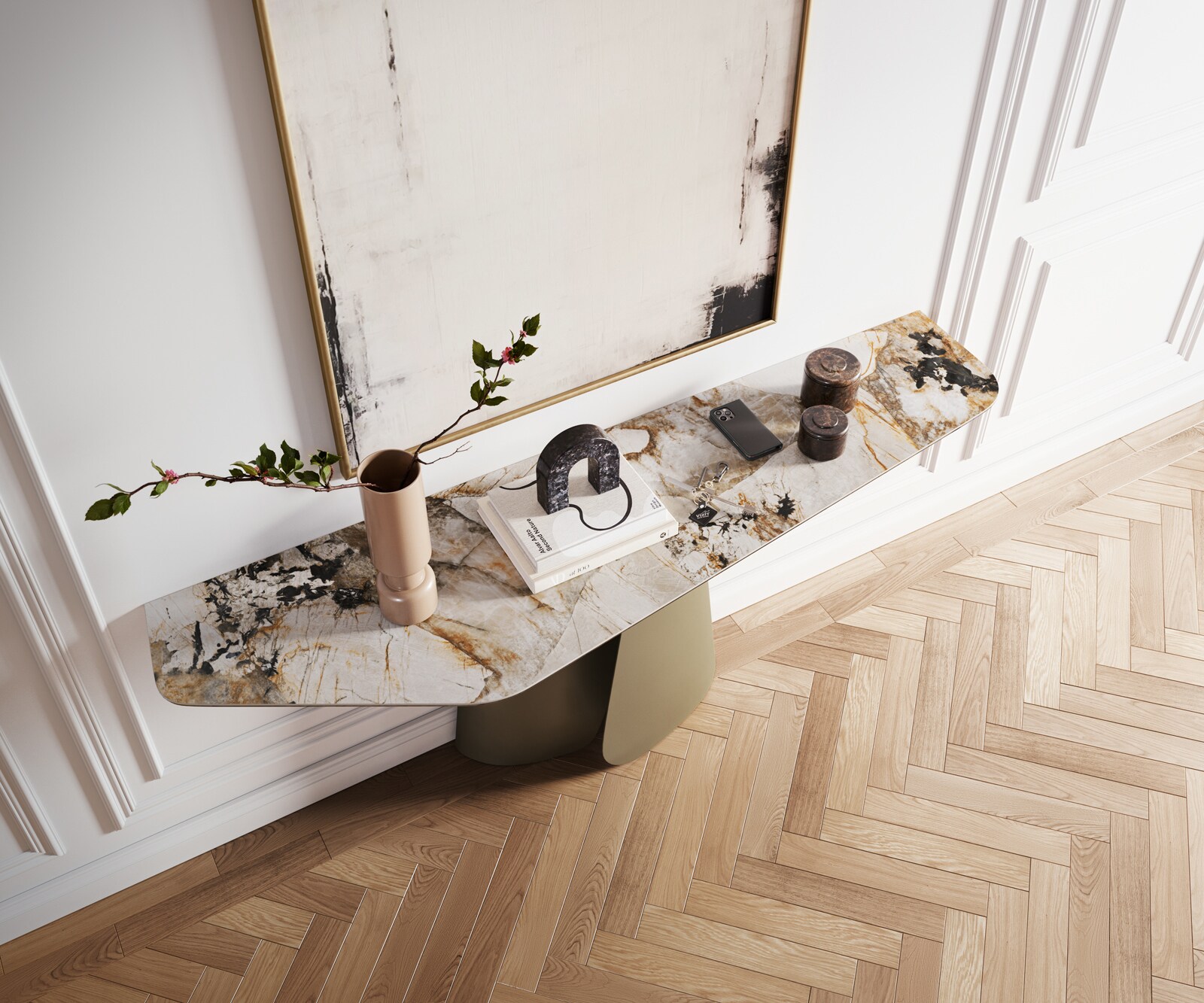Console Edge Polygonal 180x50 cm Céramique Patagonia Poliert Livos Métal Effektfinish Titan 2