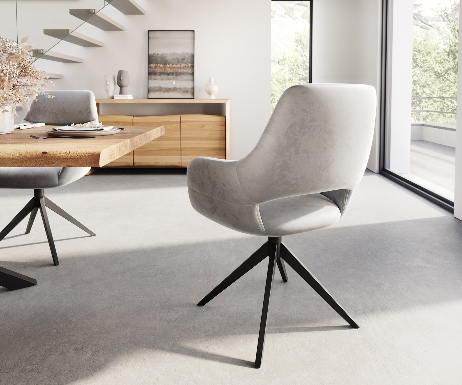 Chaise-de-salle-à-manger Yago-Flex avec accoudoirs velours gris pied croisé large noir ressorts ensachés 4 Chaise-de-salle-à-manger Yago-Flex avec accoudoirs velours gris pied croisé large noir ressorts ensachés 4