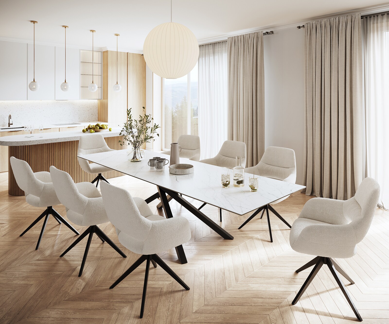 Table-à-manger Edge 300x100cm Laminam® céramique blanc pieds milieu croisé noir 6