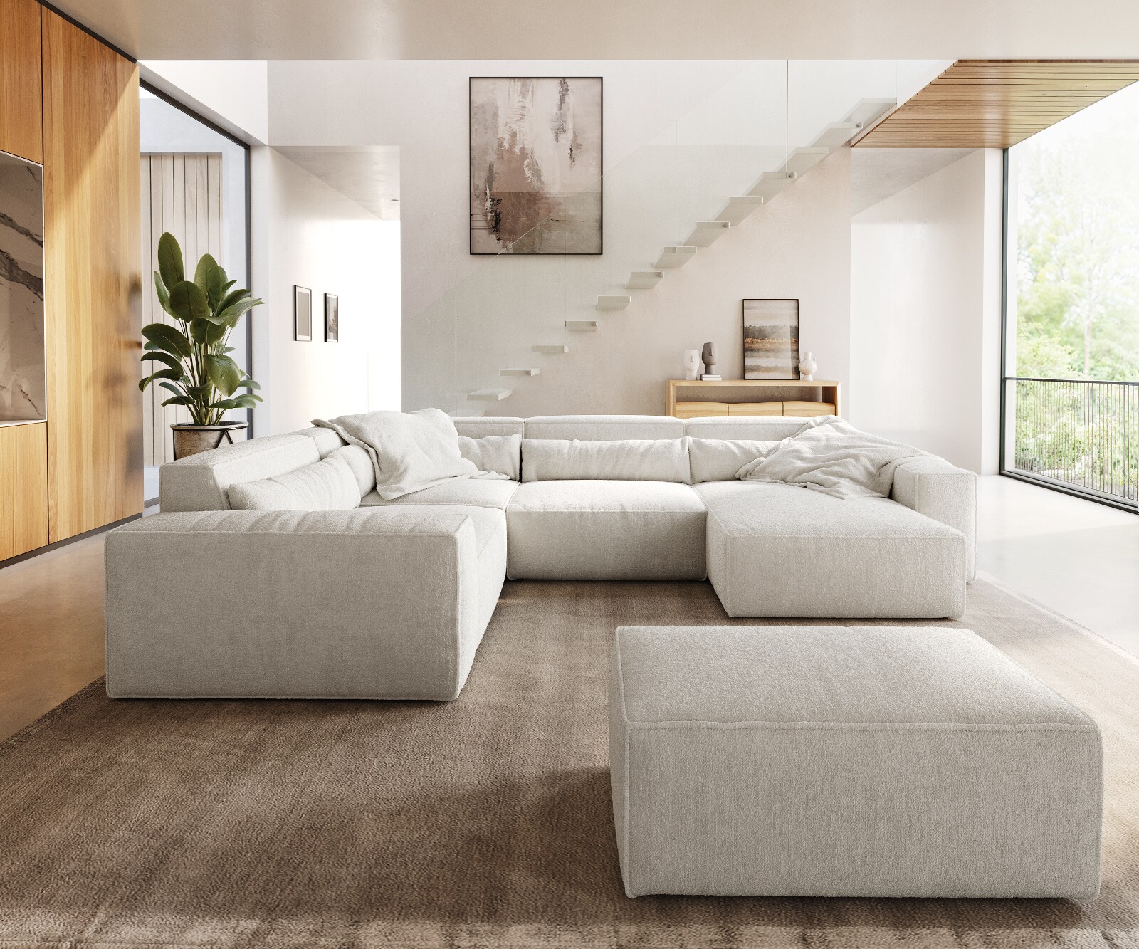 Canapé panoramique Sirpio 300x210 cm Bouclee Crème-blanc Recamiere variable avec Tabouret