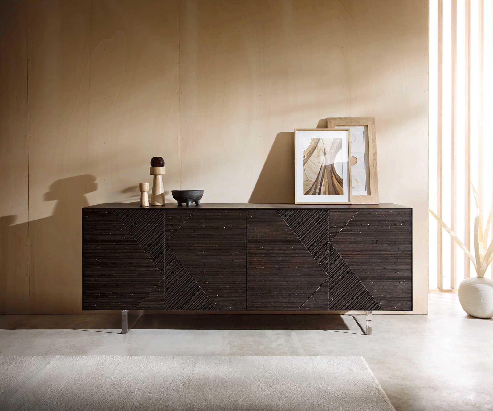 Buffet Tereos 200 cm Frêne brun foncé Effet 3D 4 portes Pieds suspendus Verre acrylique 4