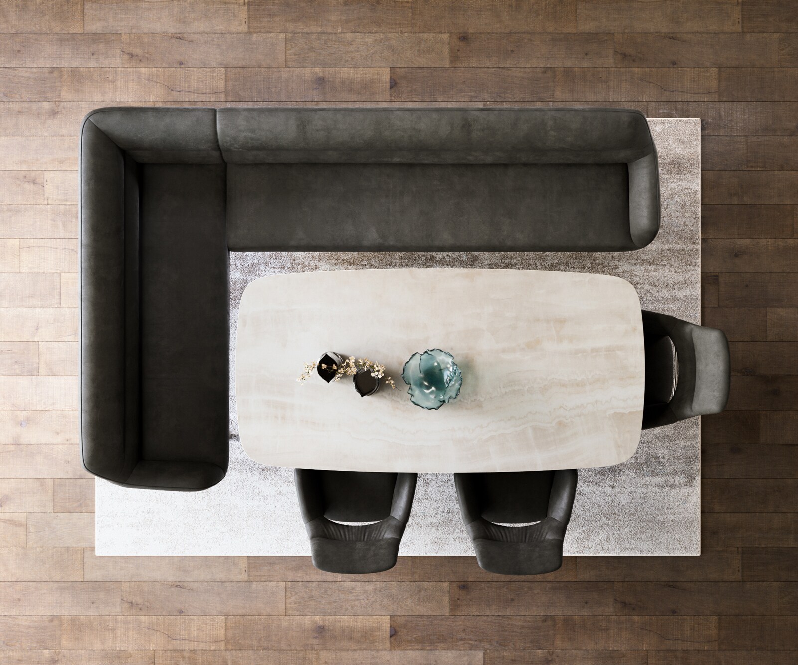 Banc-de-salle-à-manger Taya-Flex 285x190 cm microfibre antracite vintage pied croisé angulaire acier inoxydable ressort ensaché liens 6
