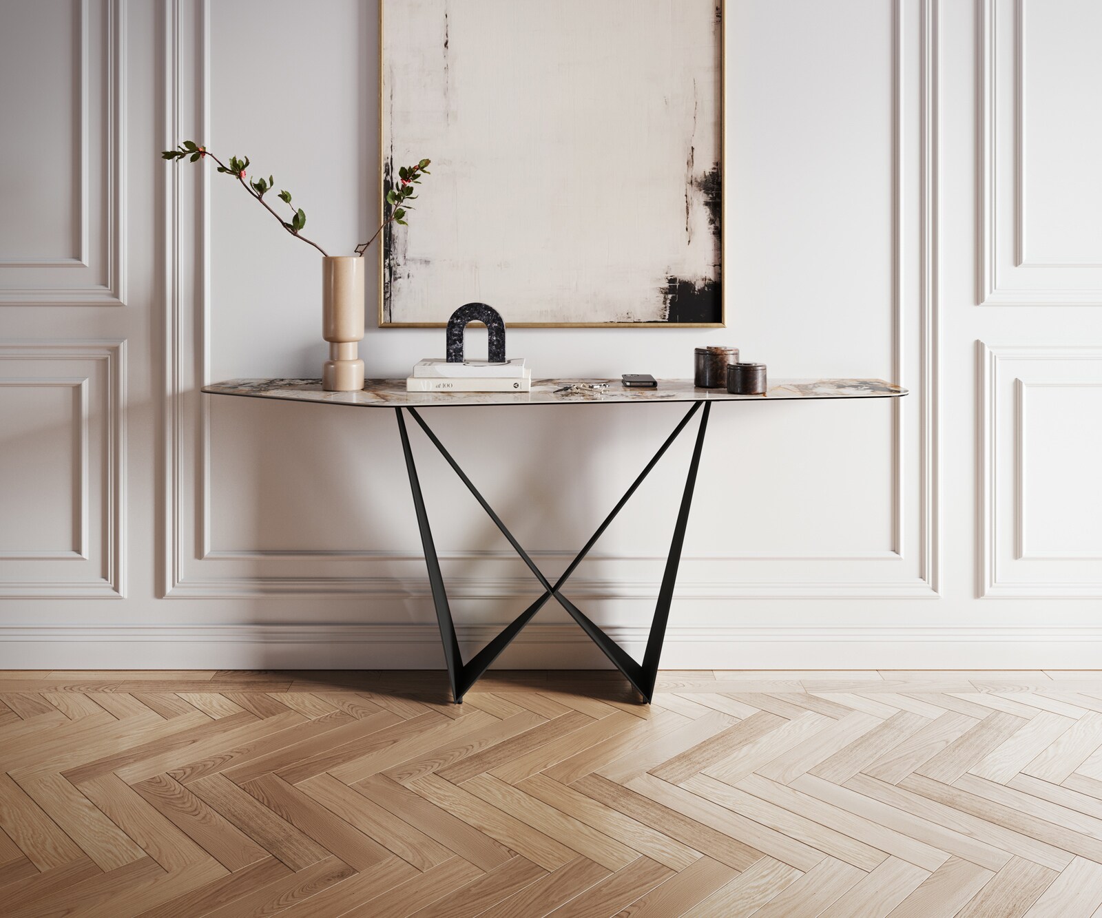 Console Edge Polygonal 180x50 cm Céramique Patagonia Poliert Spios Métal Noir 4