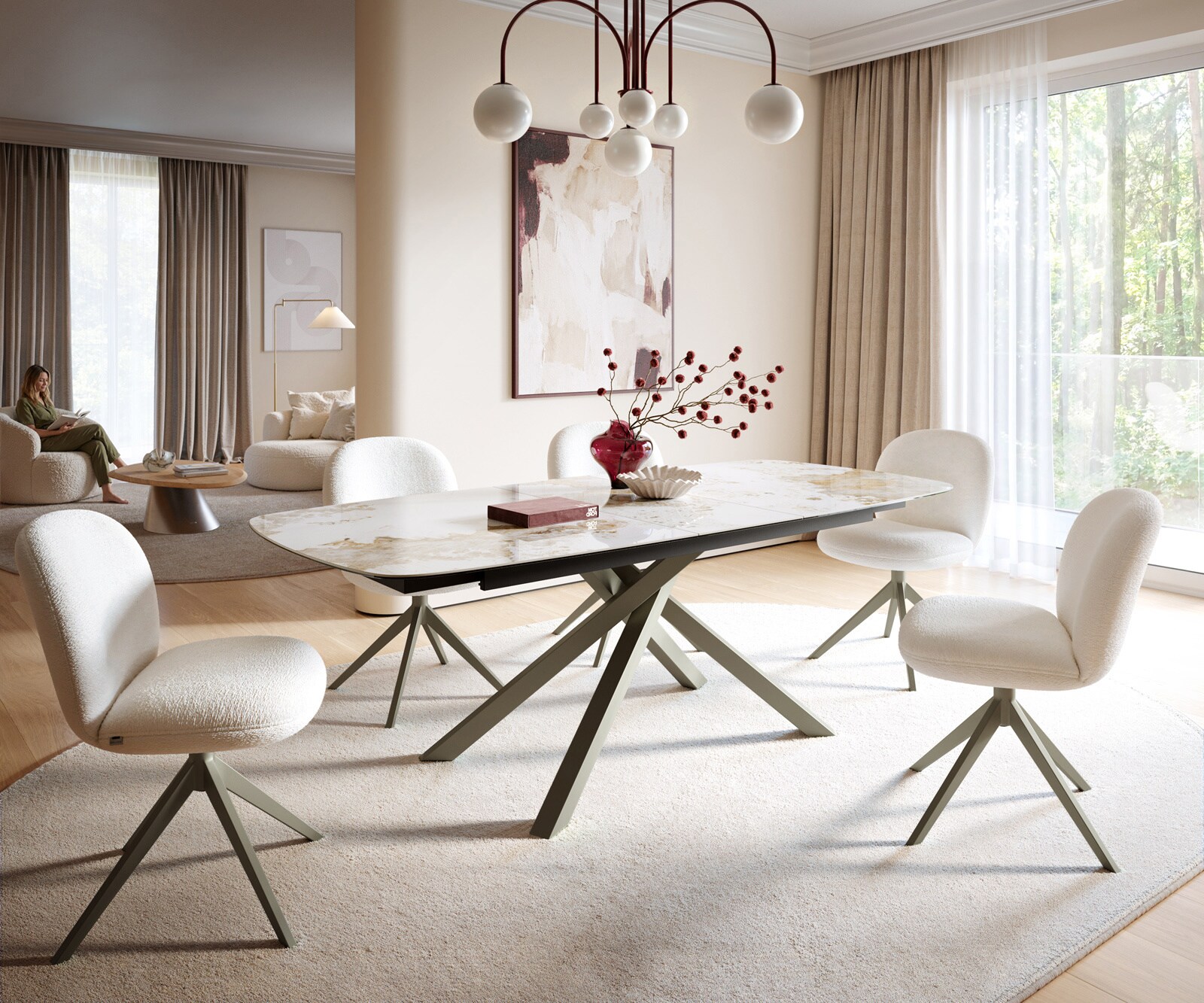 Table à manger Edge Boot 180-220x100 cm Céramique Minas Melange Blanc-Beige piètement en croix Rectangle Finition effet Titan extensible 1