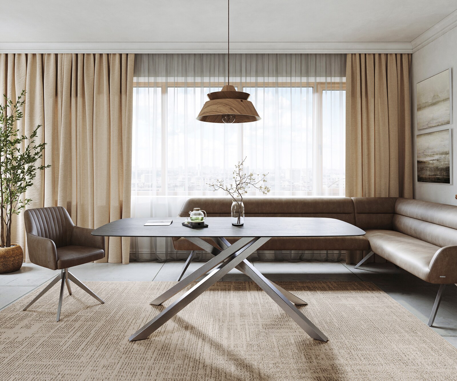 Table à manger Edge bateau 200x100 cm céramique béton gris piètement croisé rectangulaire inox 1