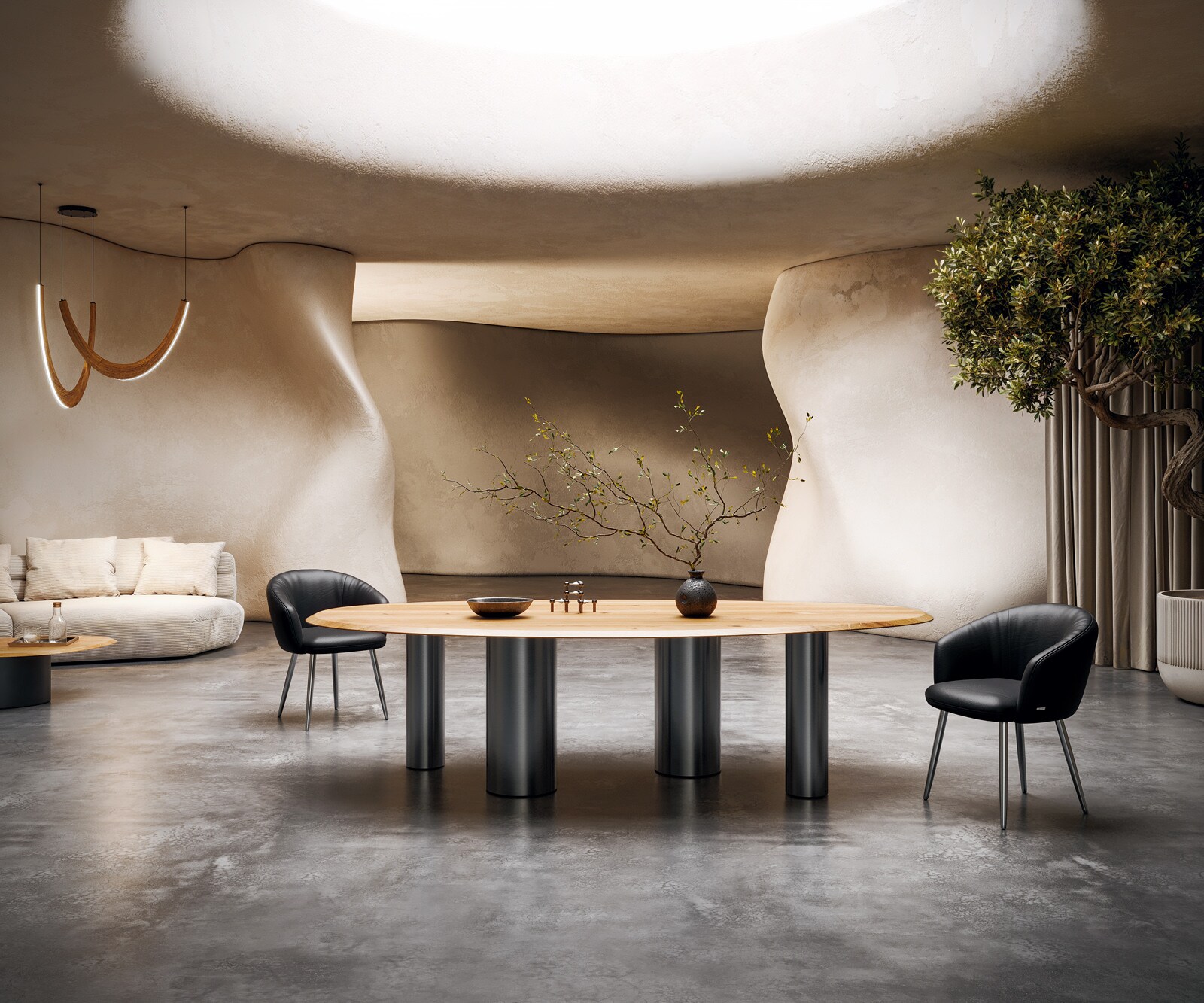 Table à manger Edge ovalee 280x130x2,5 chêne naturee Pilier acier inoxydable brossé Flow-Edge 3