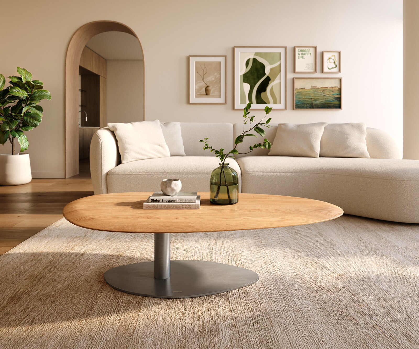 Table basse Edge Oval 140x75 cm chêne naturel bord arrondi Vibany acier inoxydable brossé 2