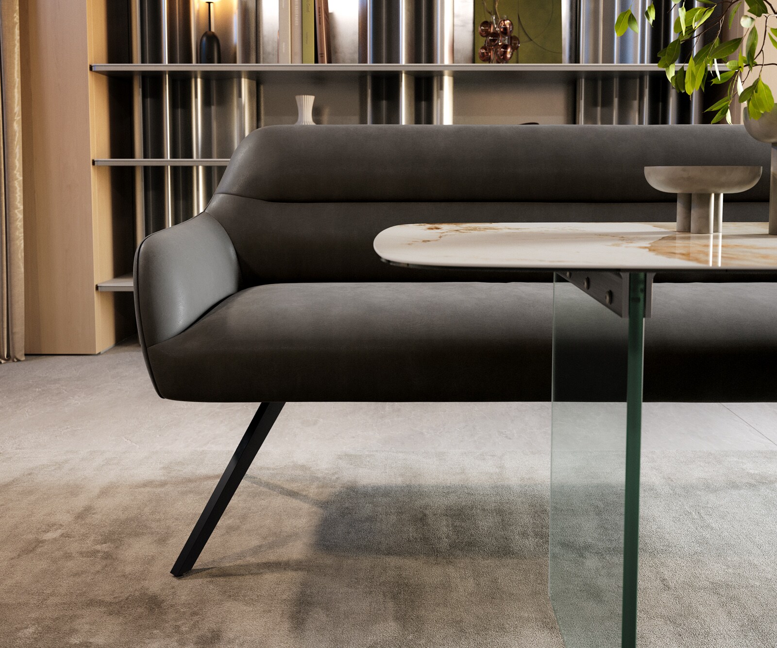 Banc-de-salle-à-manger Taya-Flex 200 cm microfibre antracite vintage pied croisé angulaire noir ressort ensaché 1