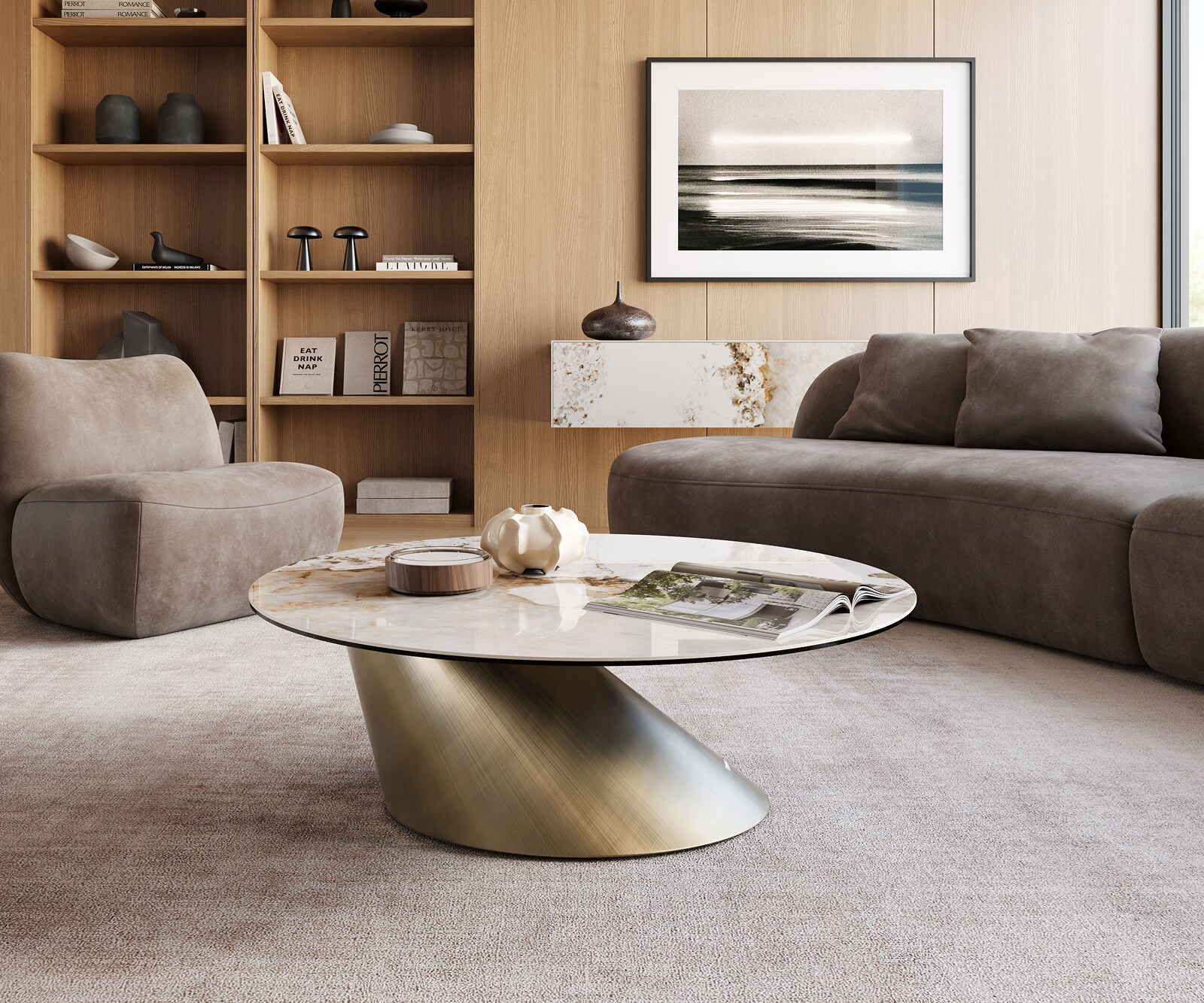 Table basse Edge rond 100x100 cm céramique Minas Melange Conis doré métallique 1