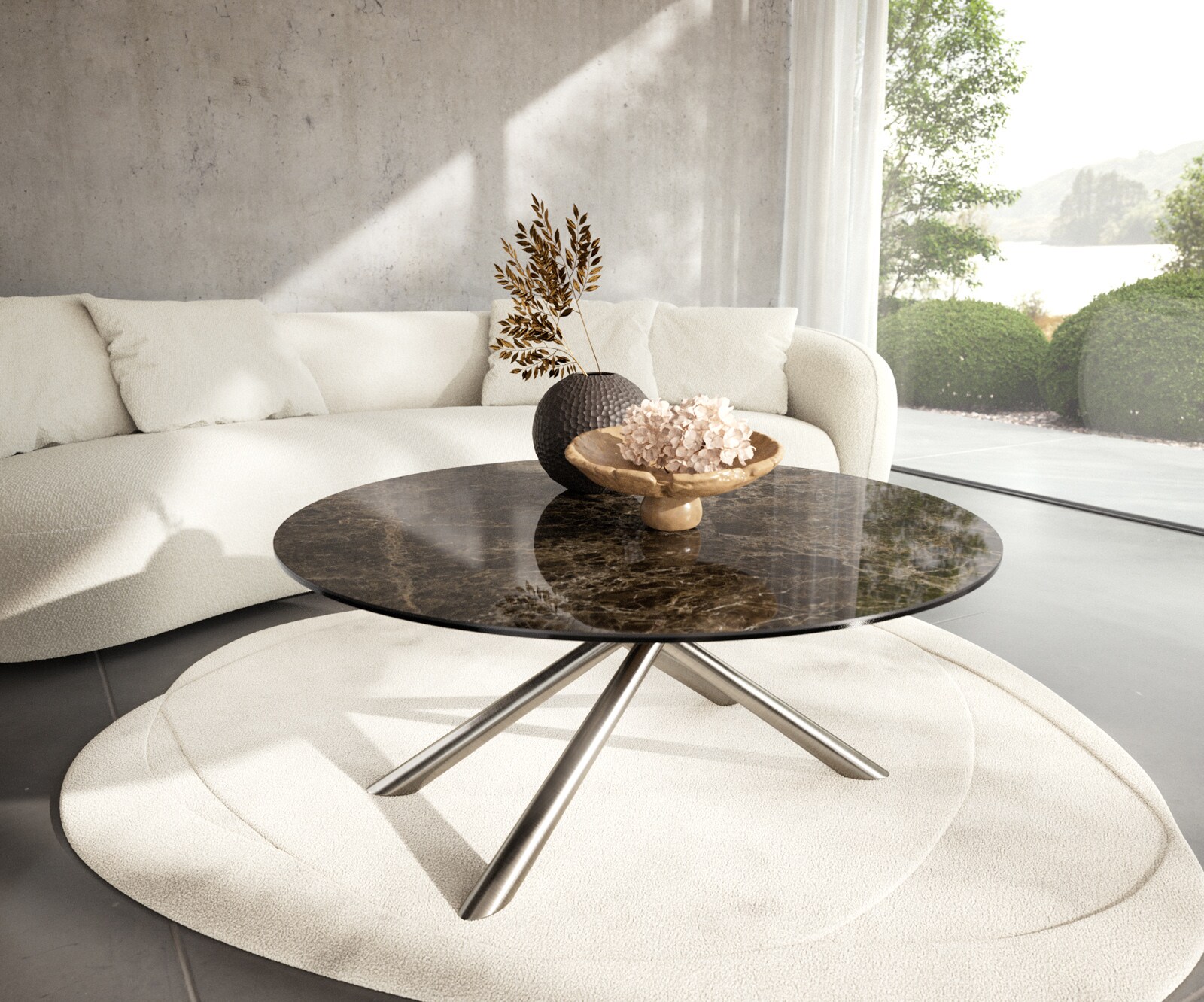 Table basse Edge rond 100x100 cm céramique Laminam® Emperador Extra Lucidato brun foncé Sarity acier inoxydable brossé