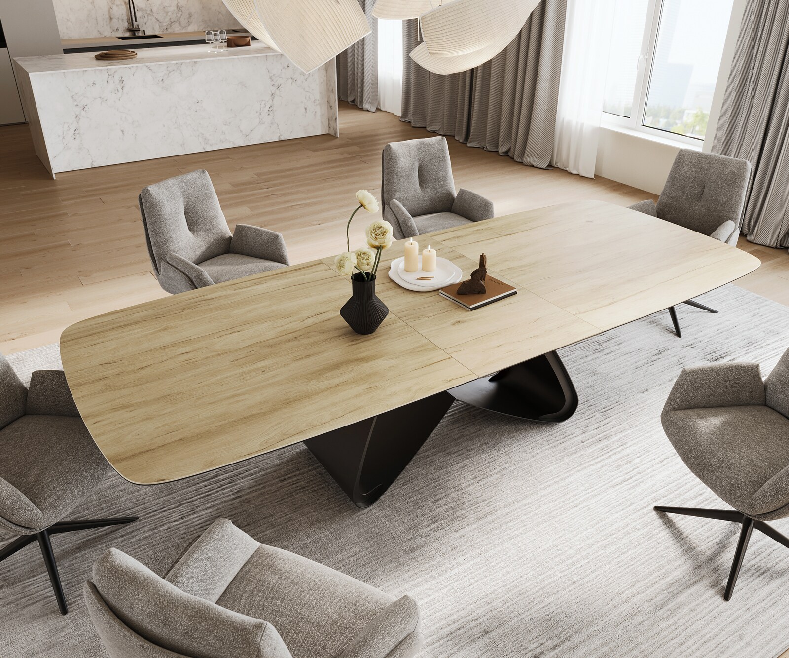 Table à manger Edge Boot 240-300x120 cm Céramique Laminam® Sabbia Eichefarbig piètement en W Noir extensible 4